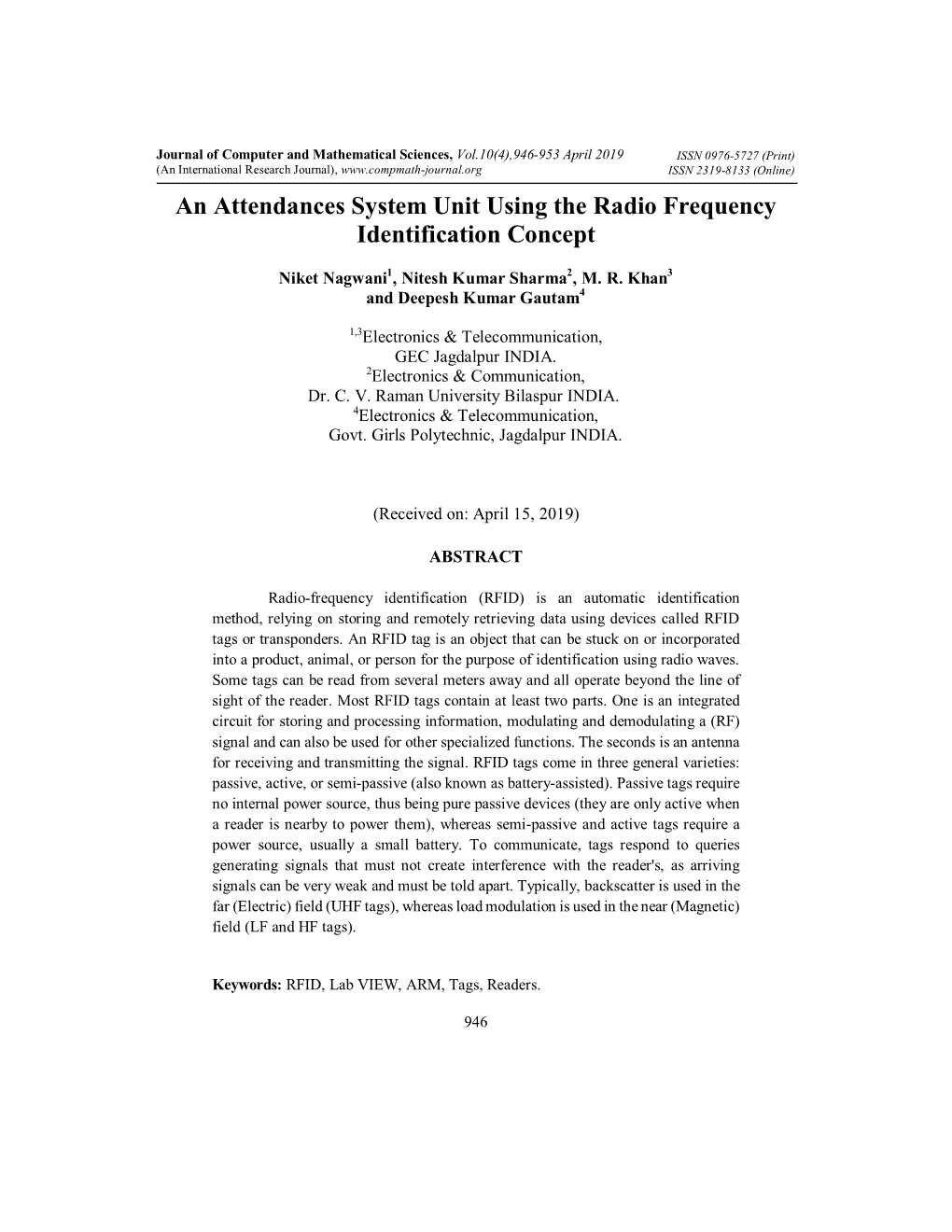 An Attendances System Unit Using the Radio Frequency Identification Concept