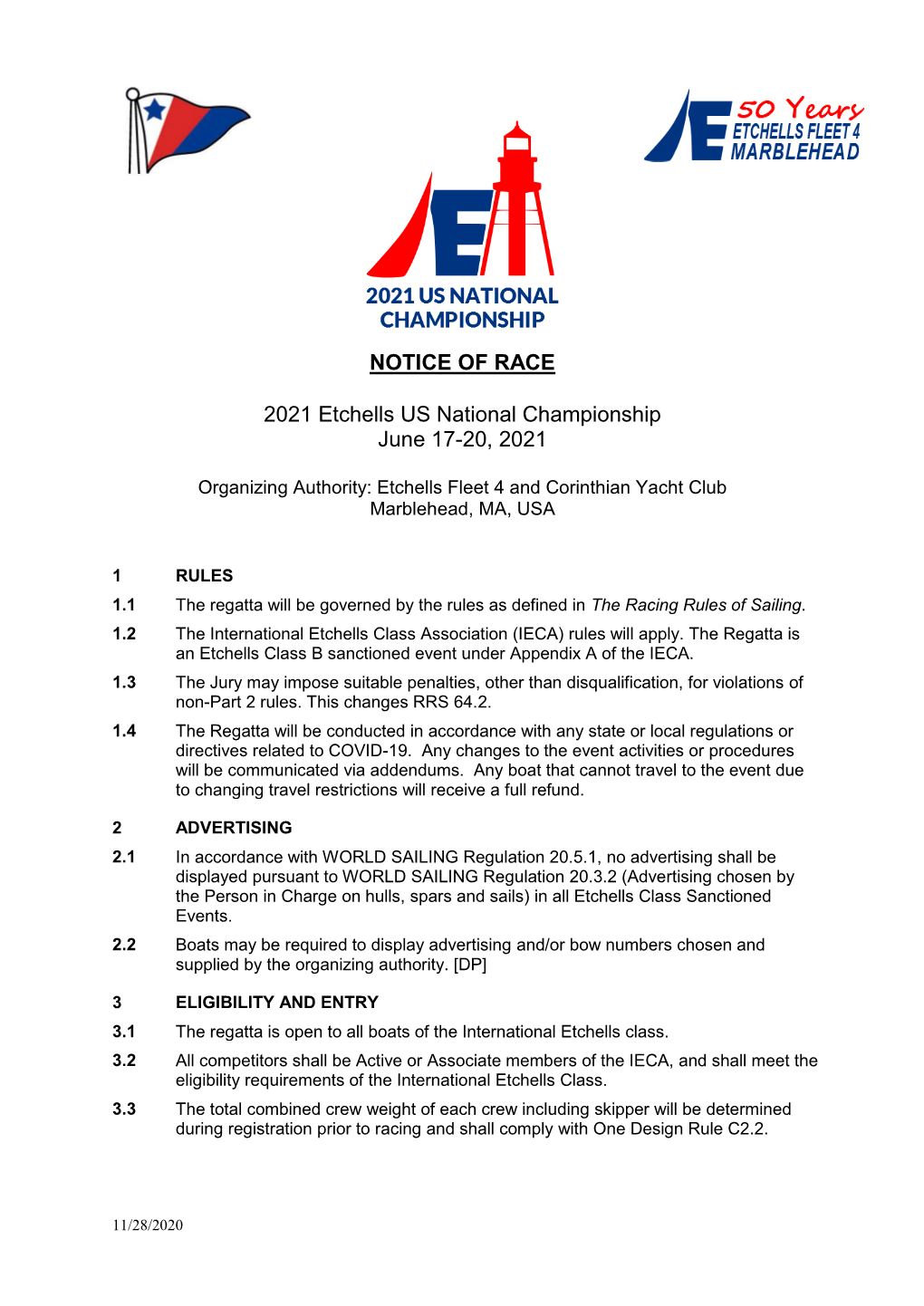 NOTICE of RACE 2021 Etchells US National Championship June 17-20