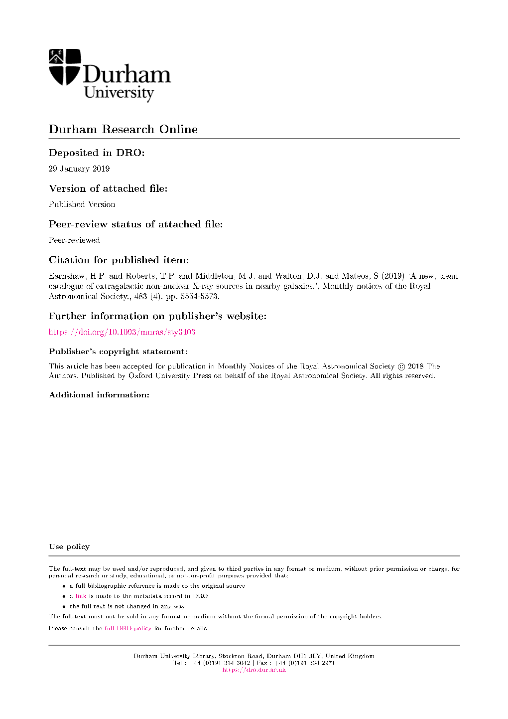 A New, Clean Catalogue of Extragalactic Non-Nuclear X-Ray Sources in Nearby Galaxies.', Monthly Notices of the Royal Astronomical Society., 483 (4)