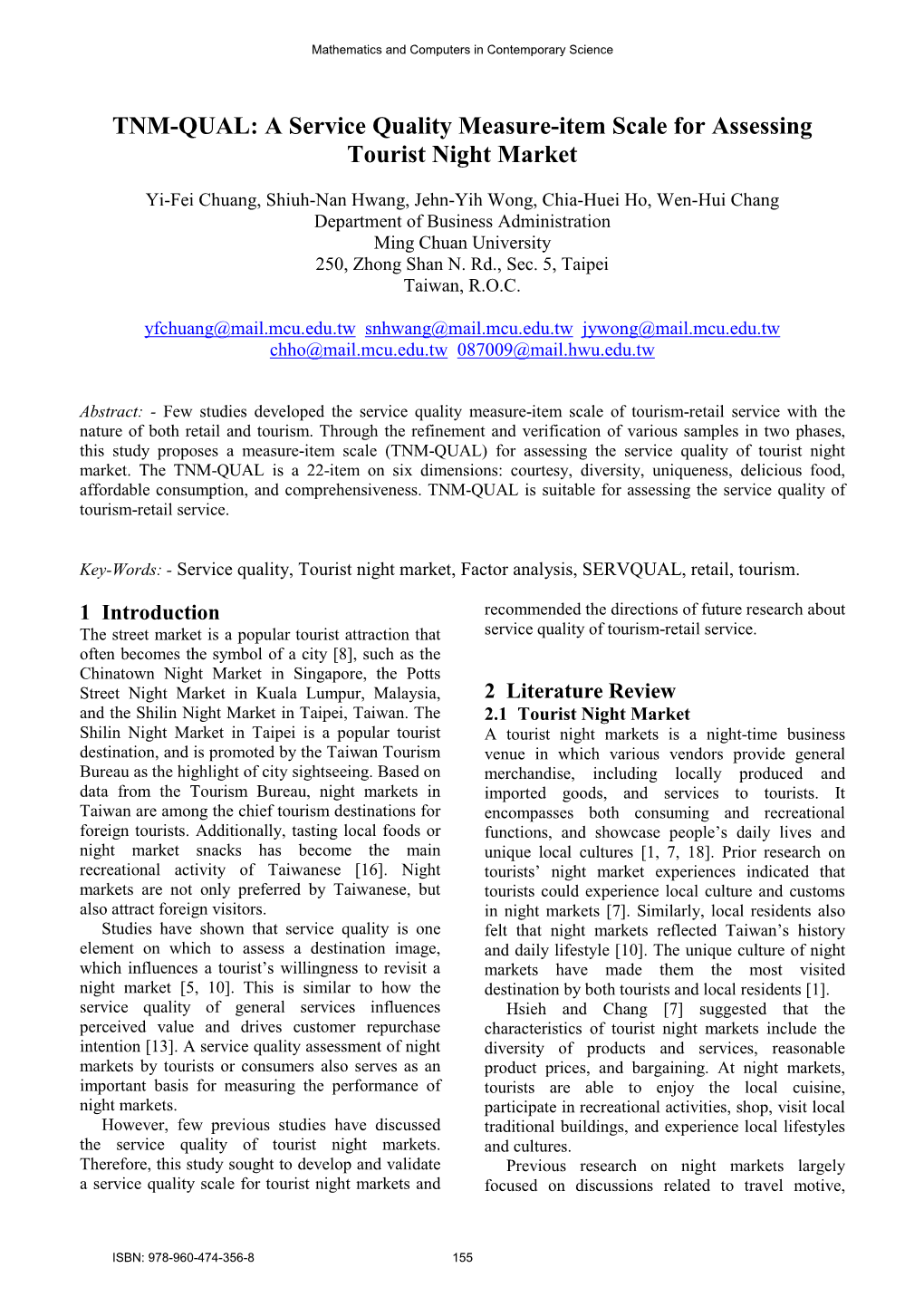 TNM-QUAL: a Service Quality Measure-Item Scale for Assessing Tourist Night Market