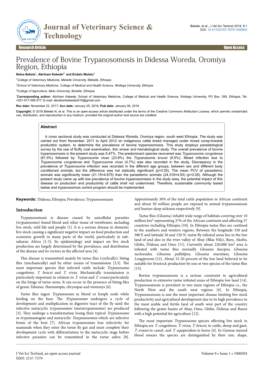 Prevalence of Bovine Trypanosomosis in Didessa Woreda, Oromiya