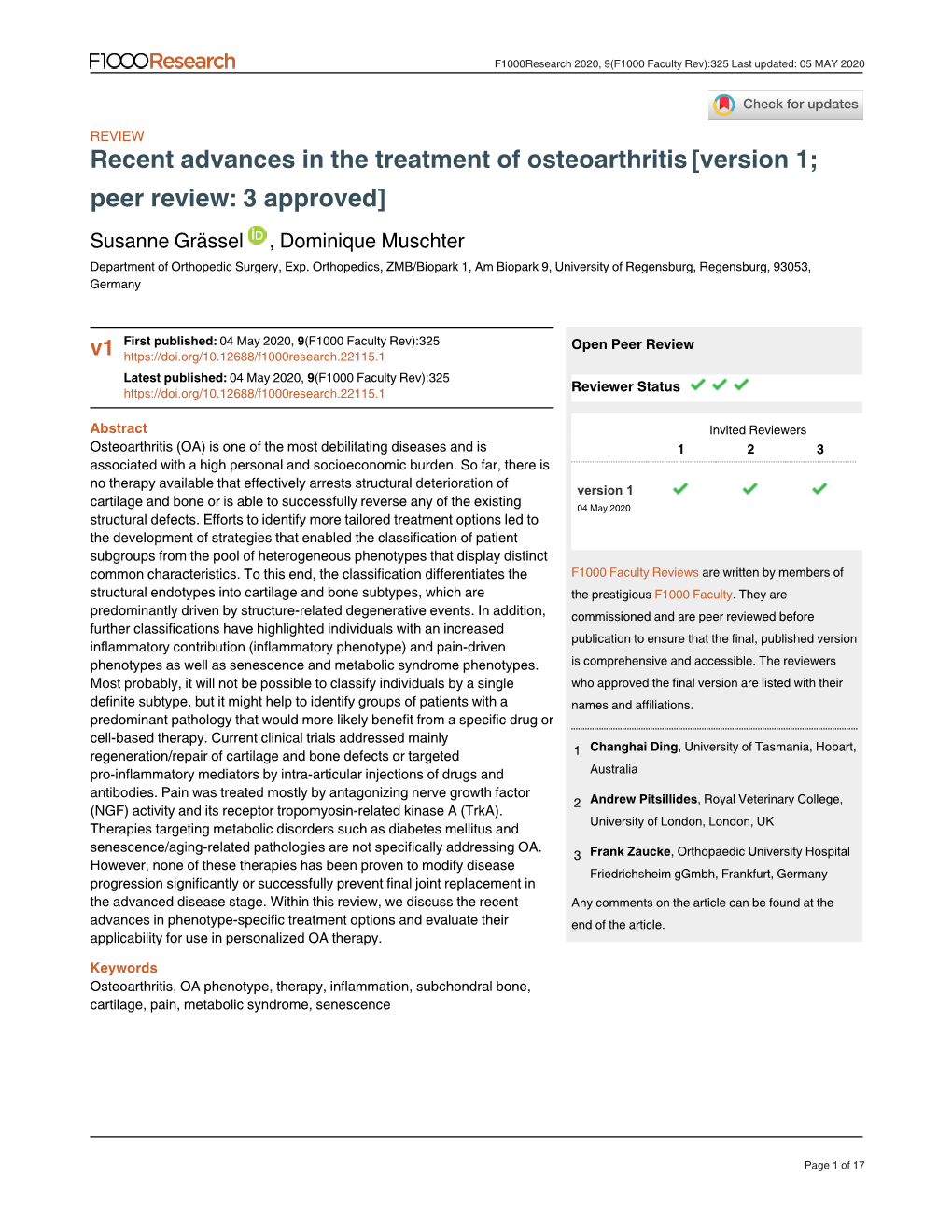 Recent Advances in the Treatment of Osteoarthritis[Version 1; Peer Review