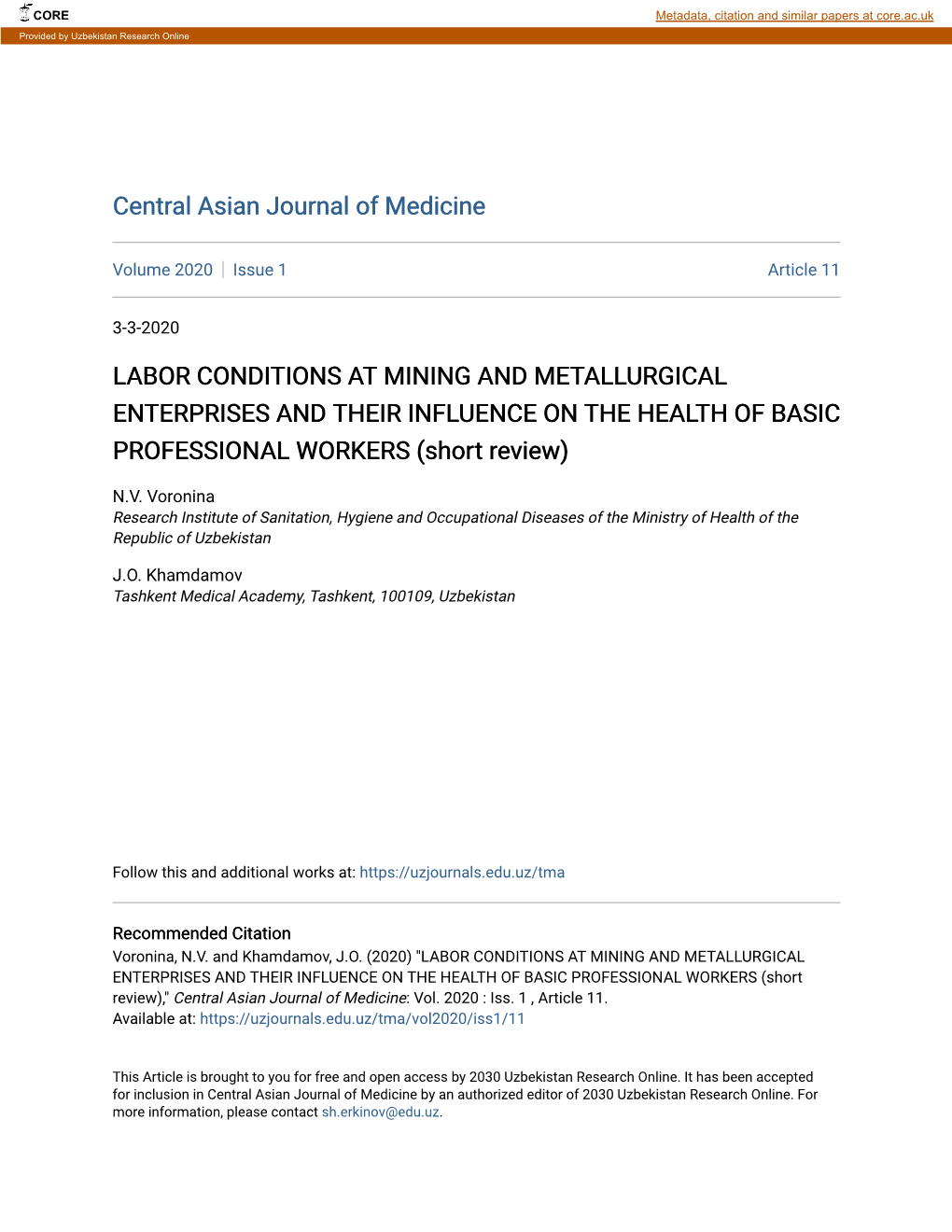 LABOR CONDITIONS at MINING and METALLURGICAL ENTERPRISES and THEIR INFLUENCE on the HEALTH of BASIC PROFESSIONAL WORKERS (Short Review)