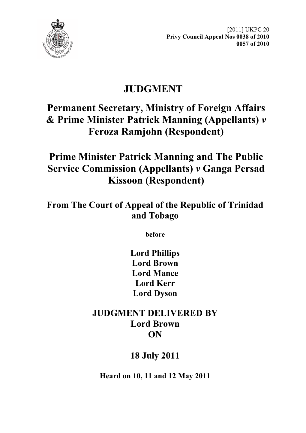 Prime Minister Patrick Manning and the Public Service Commission (Appellants) V Ganga Persad Kissoon (Respondent)