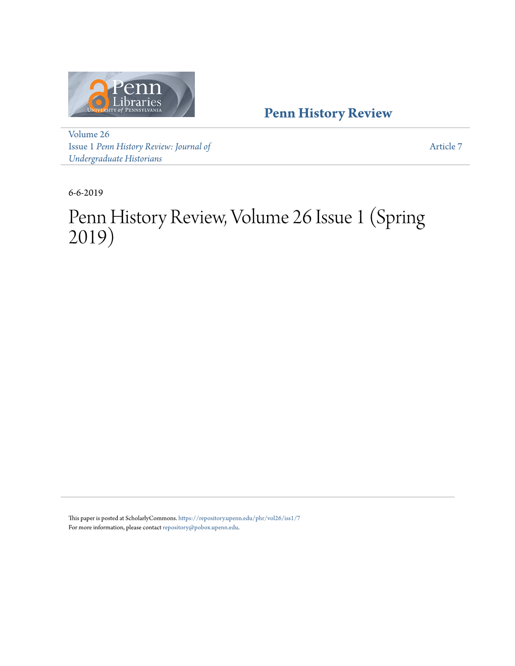 Penn History Review, Volume 26 Issue 1 (Spring 2019)