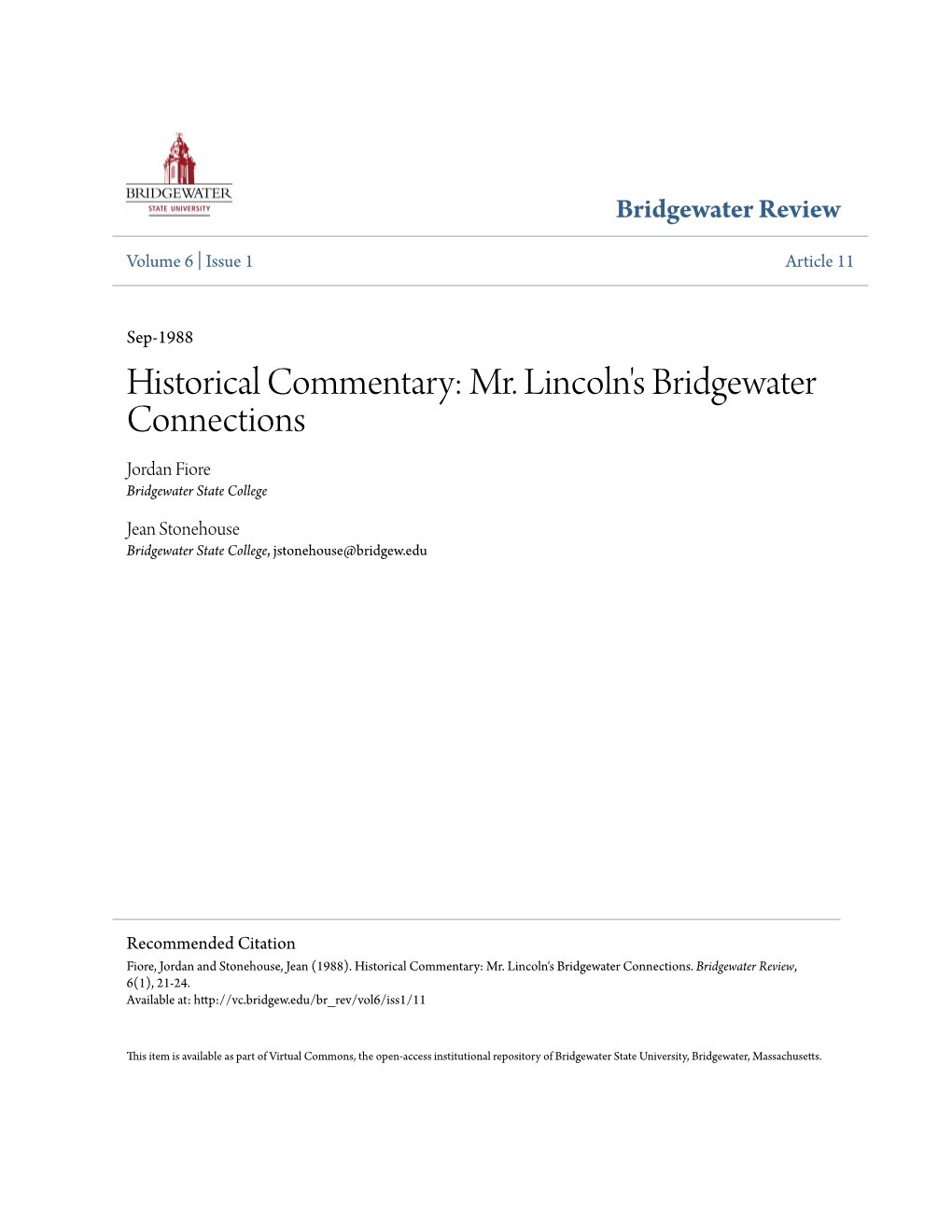 Mr. Lincoln's Bridgewater Connections Jordan Fiore Bridgewater State College