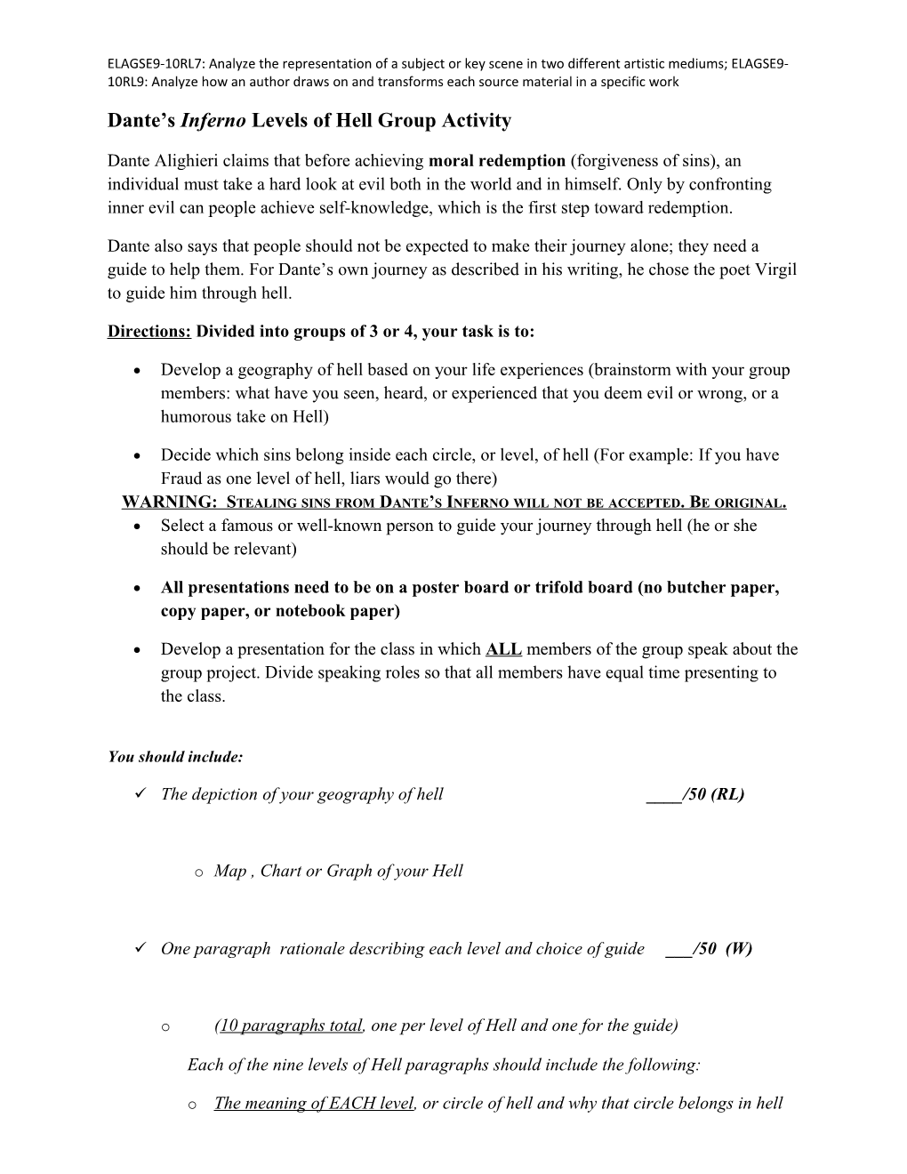 Dante S Inferno Levels of Hell Group Activity