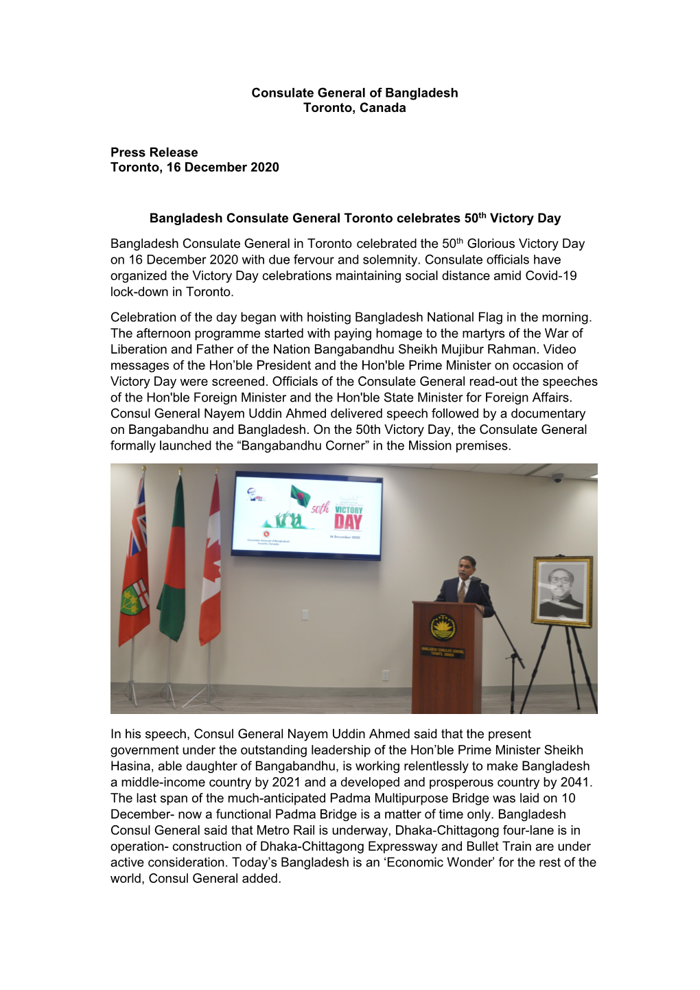 Bangladesh Consulate General Toronto Celebrates 50Th Victory