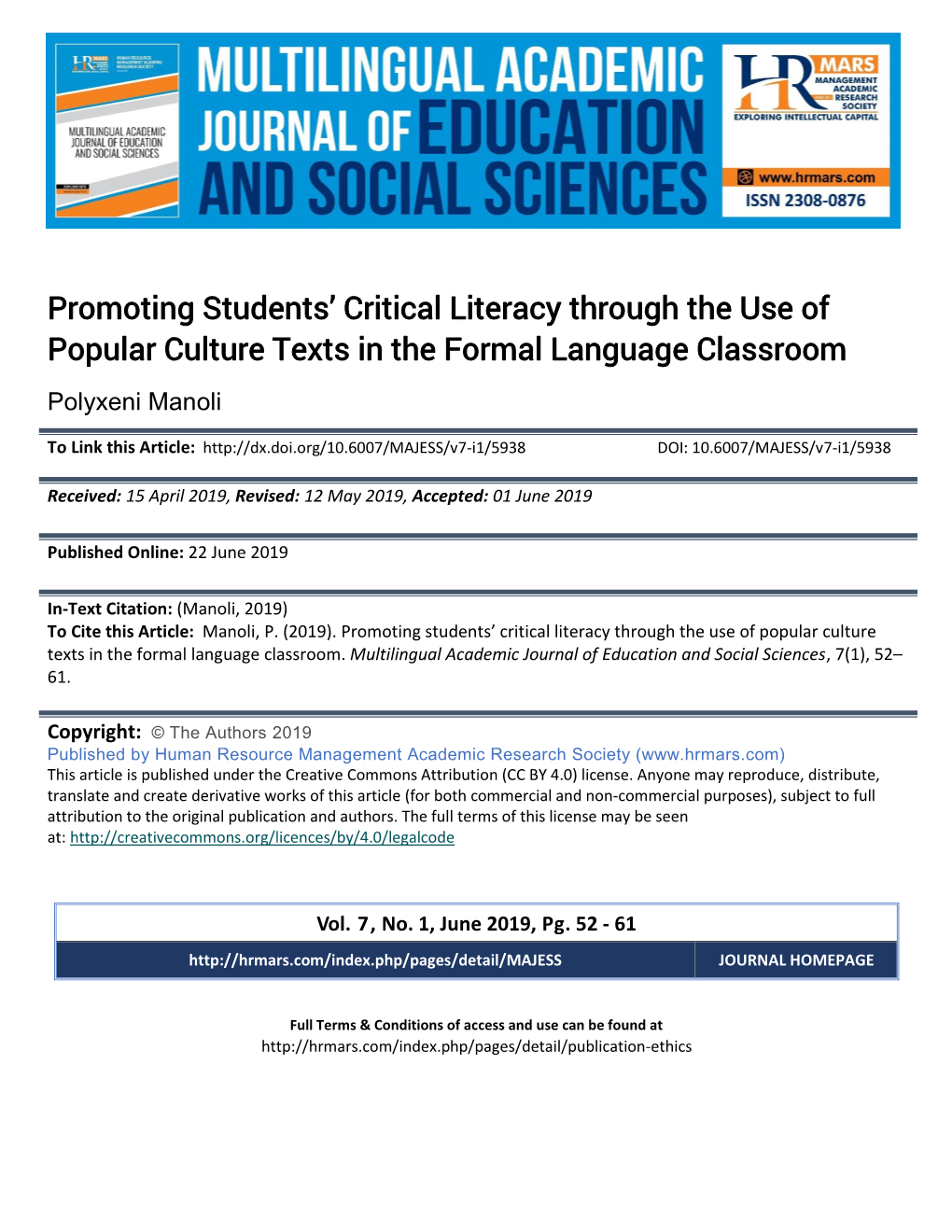 Promoting Students' Critical Literacy Through the Use of Popular Culture Texts in the Formal Language Classroom