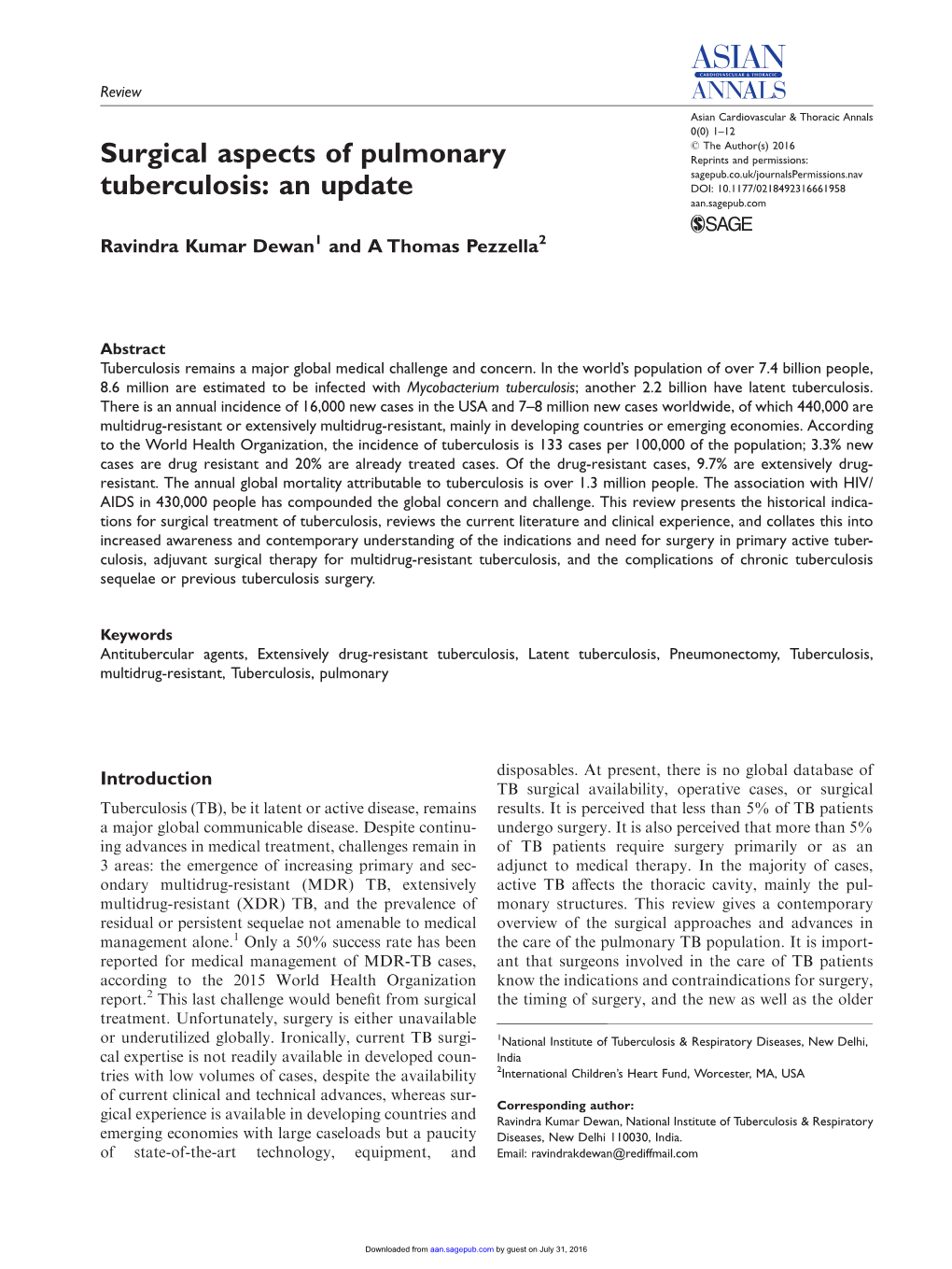 Surgical Aspects of Pulmonary Tuberculosis