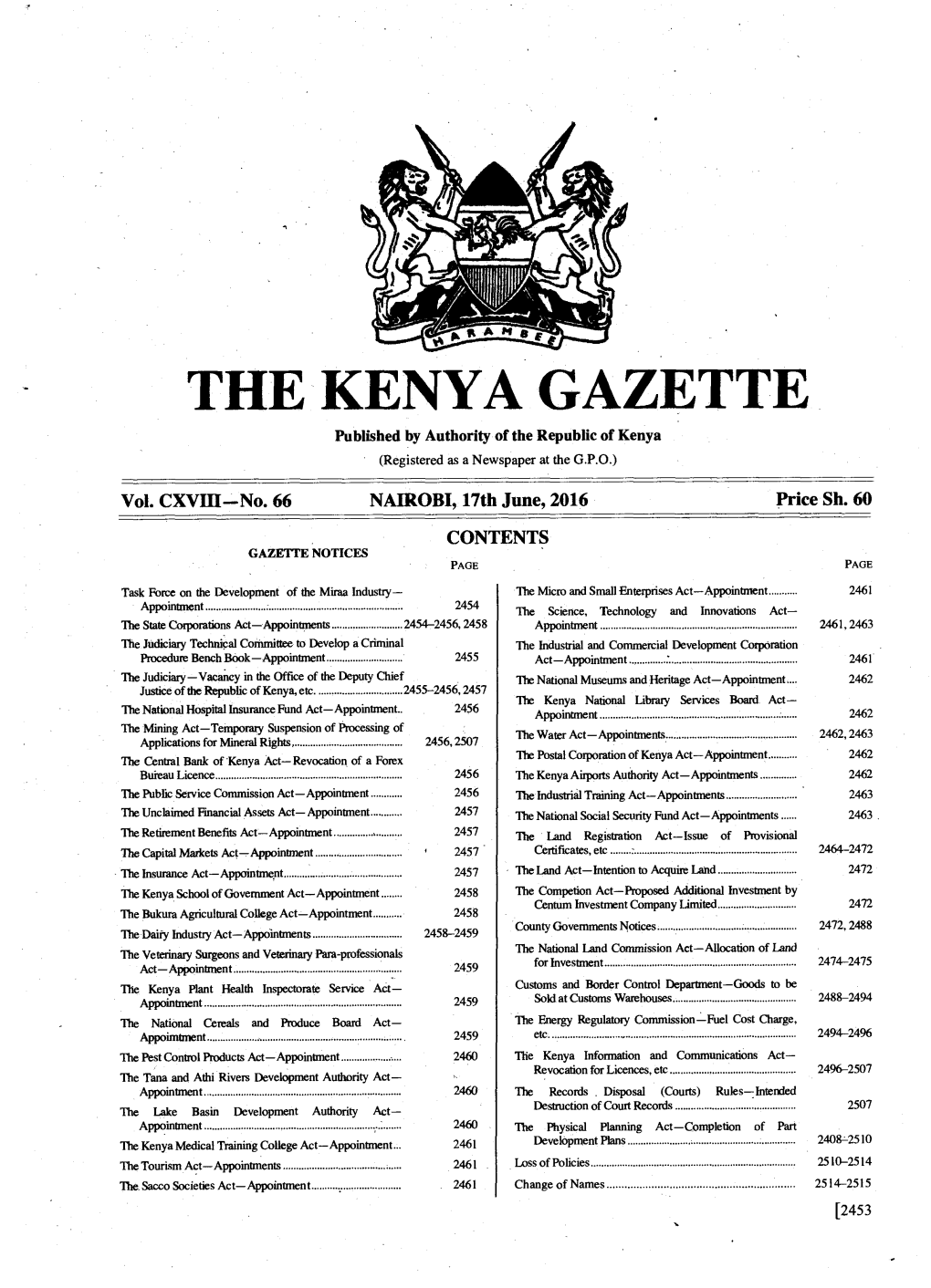 THE KENYA GAZETTE Published by Authority of the Republic of Kenya (Registered As a Newspaper at the G.P.O.)