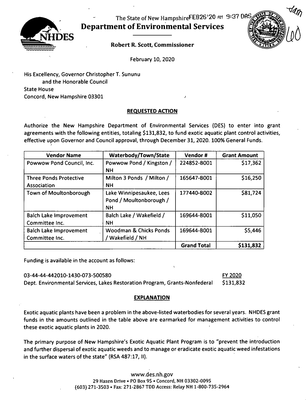 The State of New Hampshirefeb2s'20 Fttl 9=37 Dfli^ Department of Environmental Services NHDES