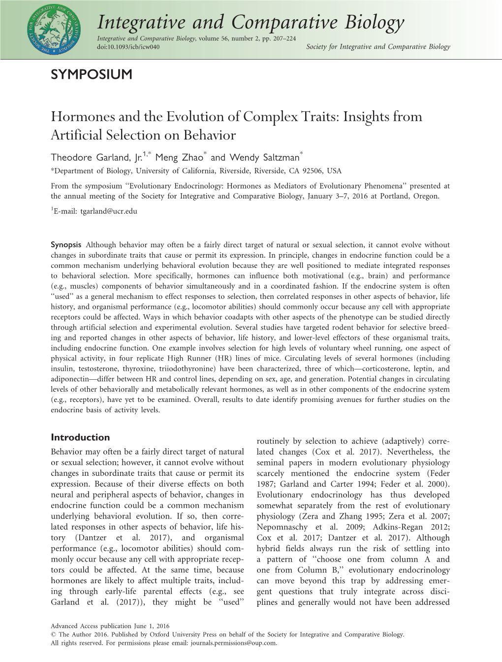 Hormones and the Evolution of Complex Traits: Insights From