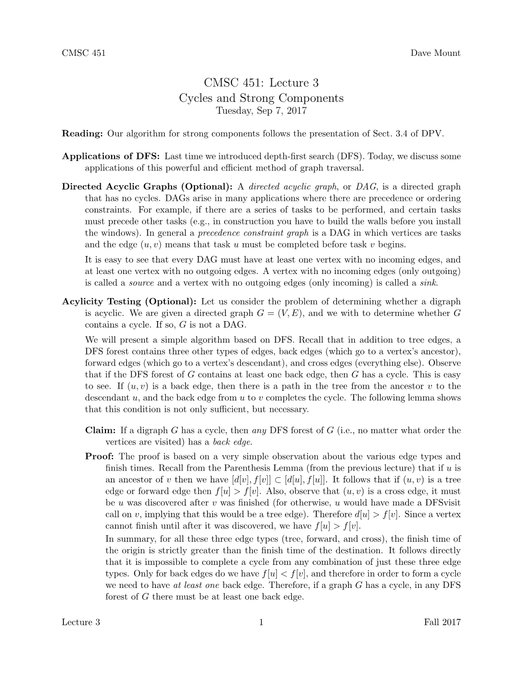 CMSC 451: Lecture 3 Cycles and Strong Components Tuesday, Sep 7, 2017