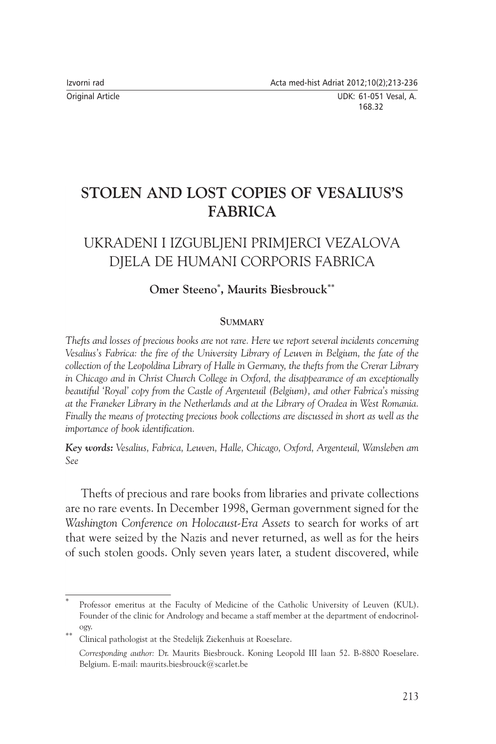 Stolen and Lost Copies of Vesalius's Fabrica