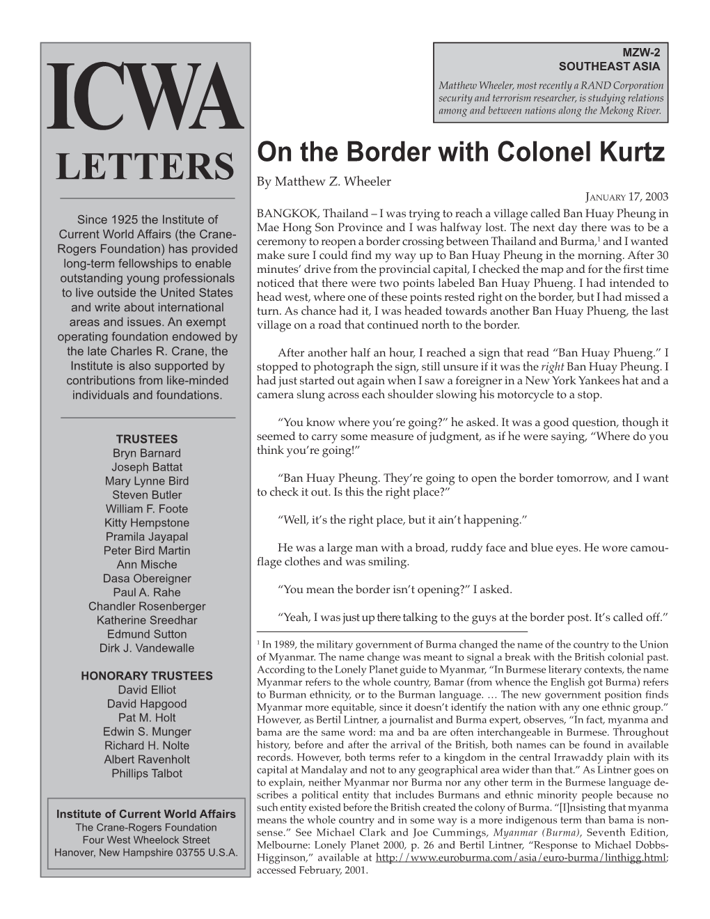 On the Border with Colonel Kurtz LETTERS by Matthew Z