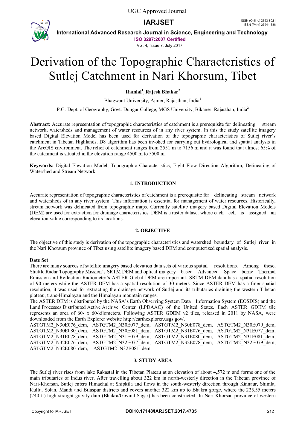 Derivation of the Topographic Characteristics of Sutlej Catchment in Nari Khorsum, Tibet