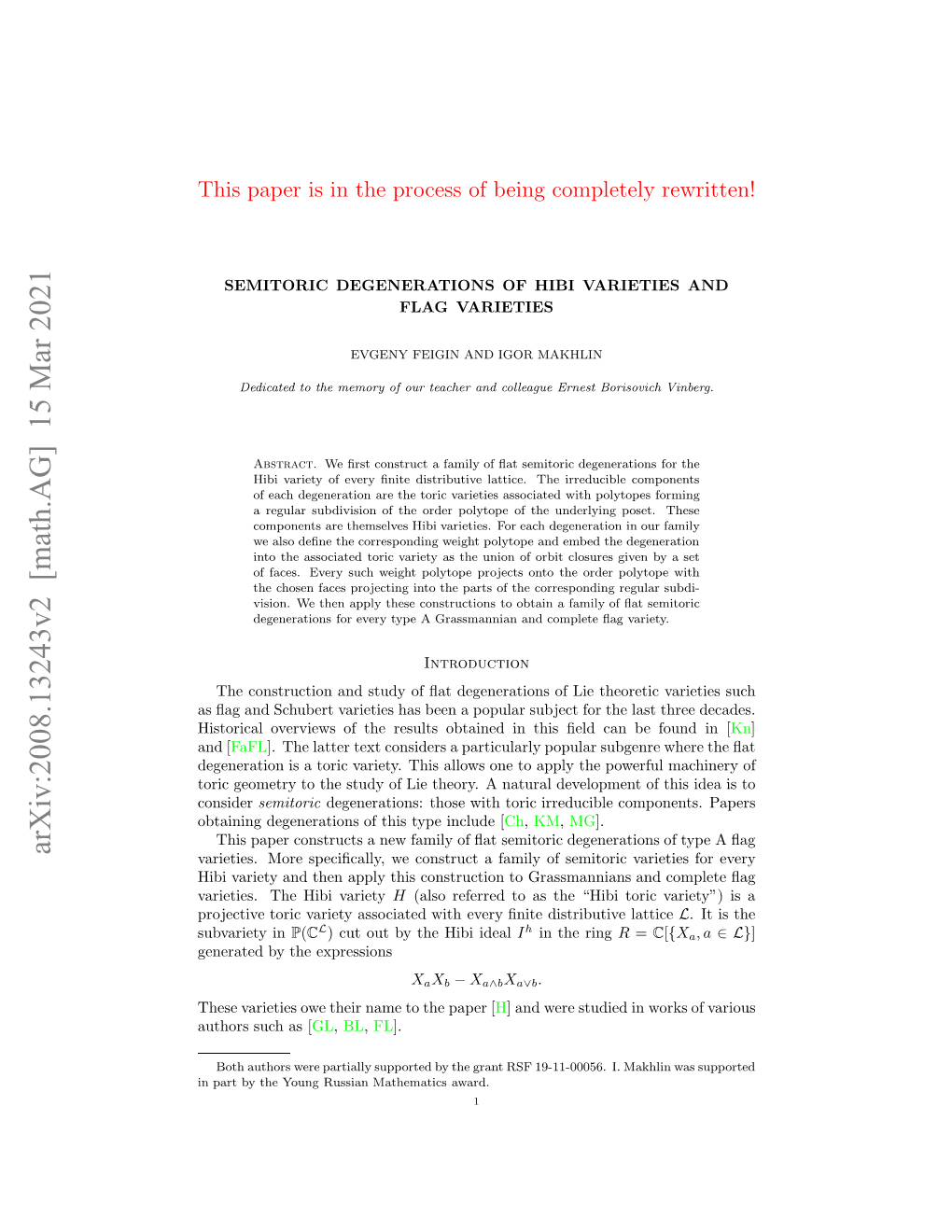 Arxiv:2008.13243V2 [Math.AG] 15 Mar 2021 N [ and Rewritten! Completely Being of Process the in Is Paper This Npr Yteyugrsinmteaisaward