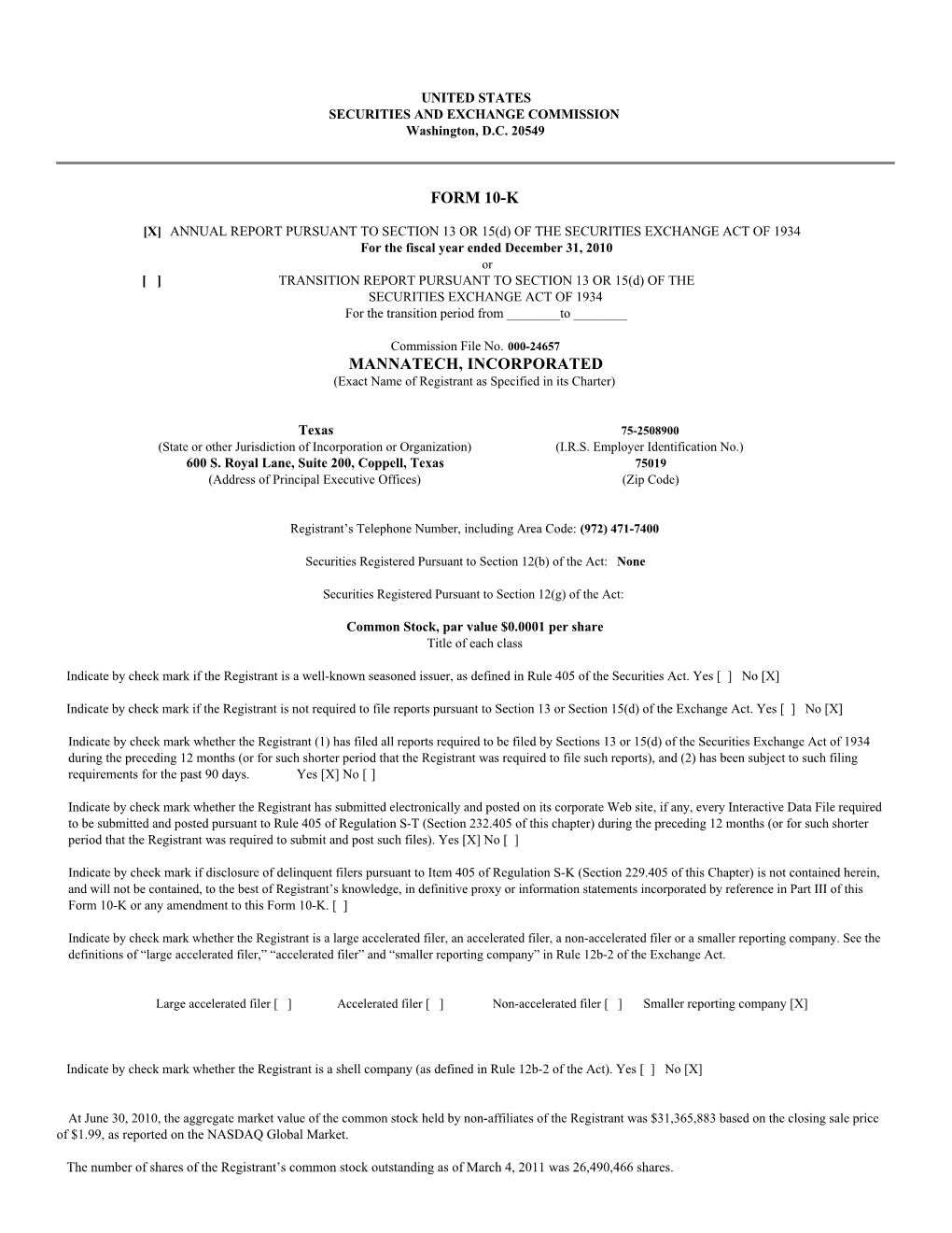 Form 10-K Mannatech, Incorporated