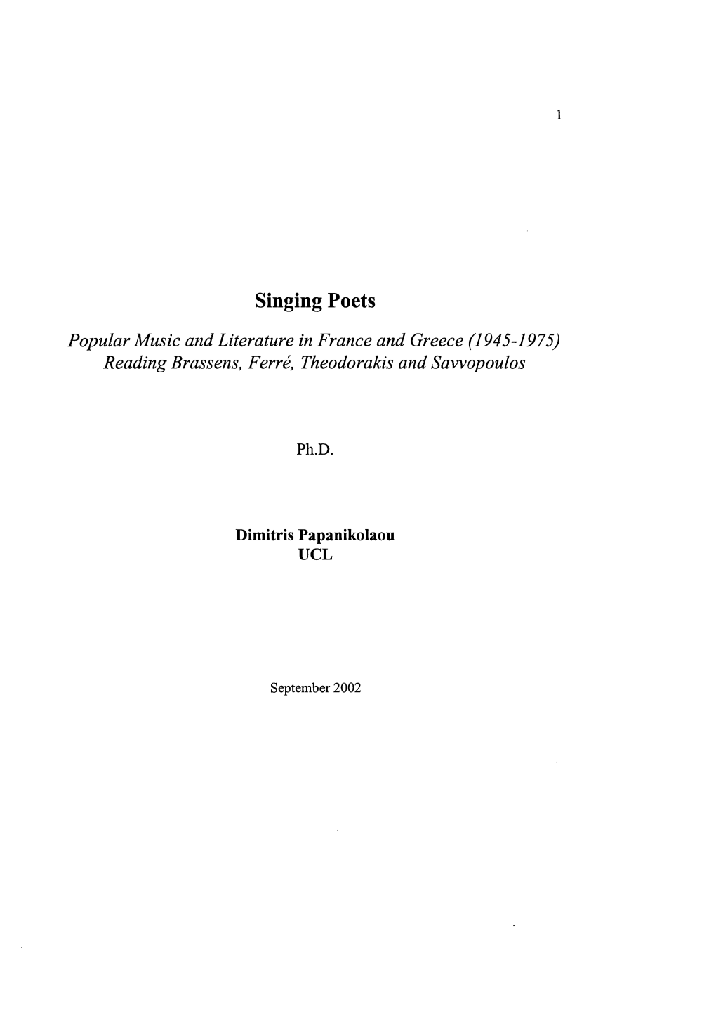 Singing Poets: Popular Music and Literature in France and Greece