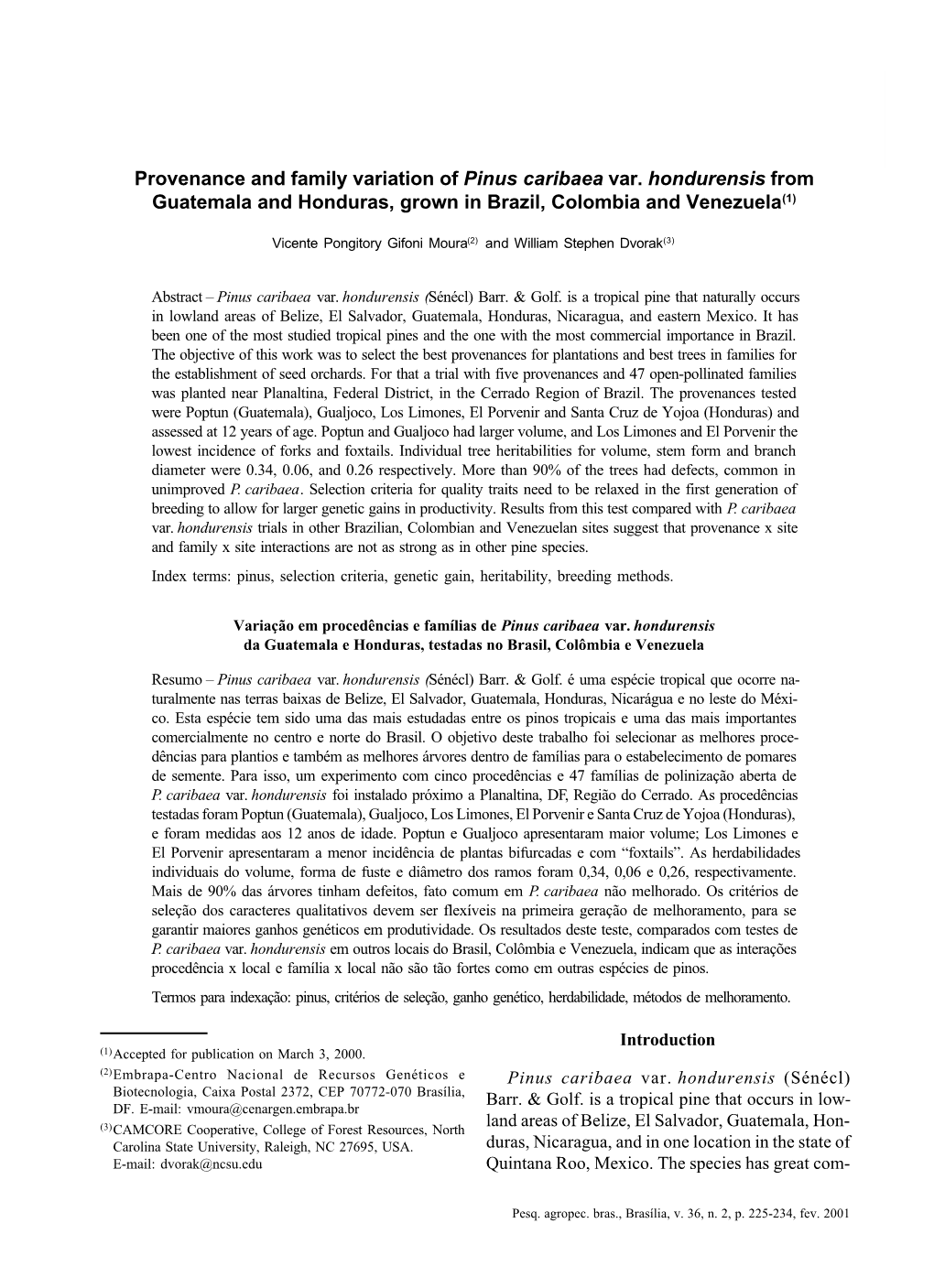 Provenance and Family Variation of Pinus Caribaea Var