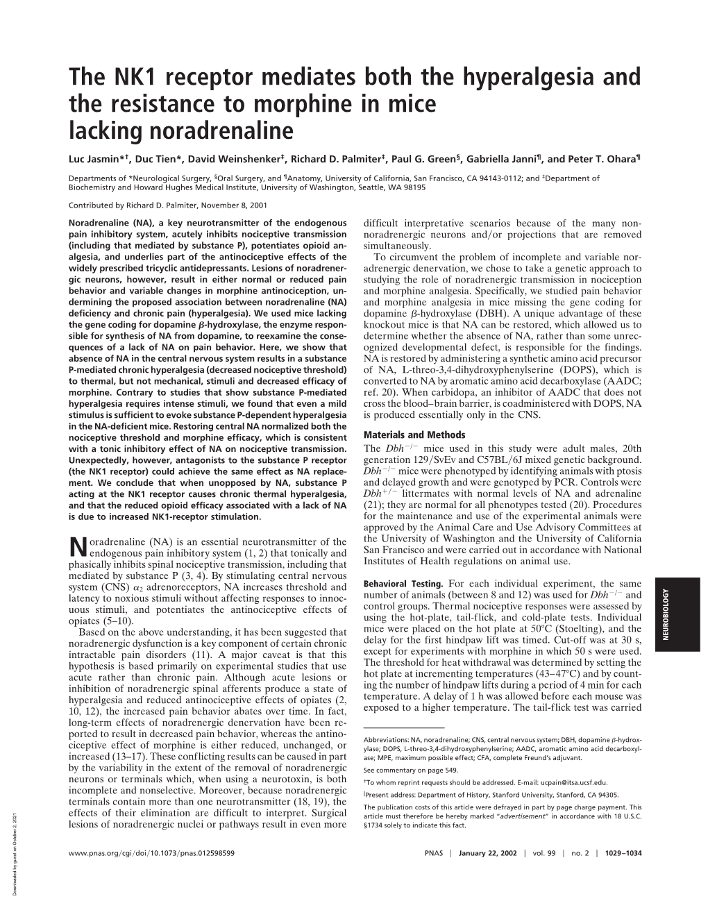 The NK1 Receptor Mediates Both the Hyperalgesia and the Resistance to Morphine in Mice Lacking Noradrenaline