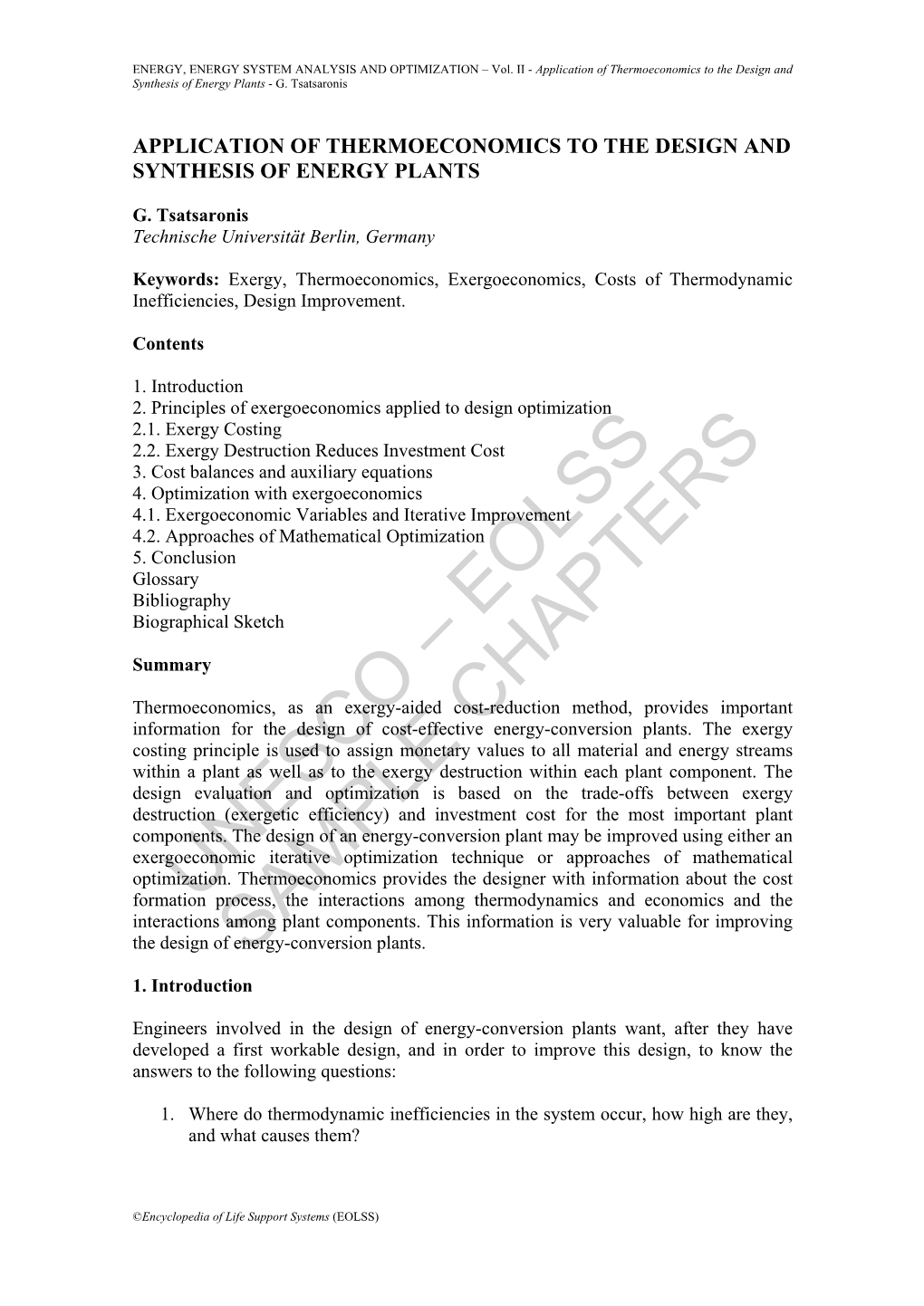 Application of Thermoeconomics to the Design and Synthesis of Energy Plants - G