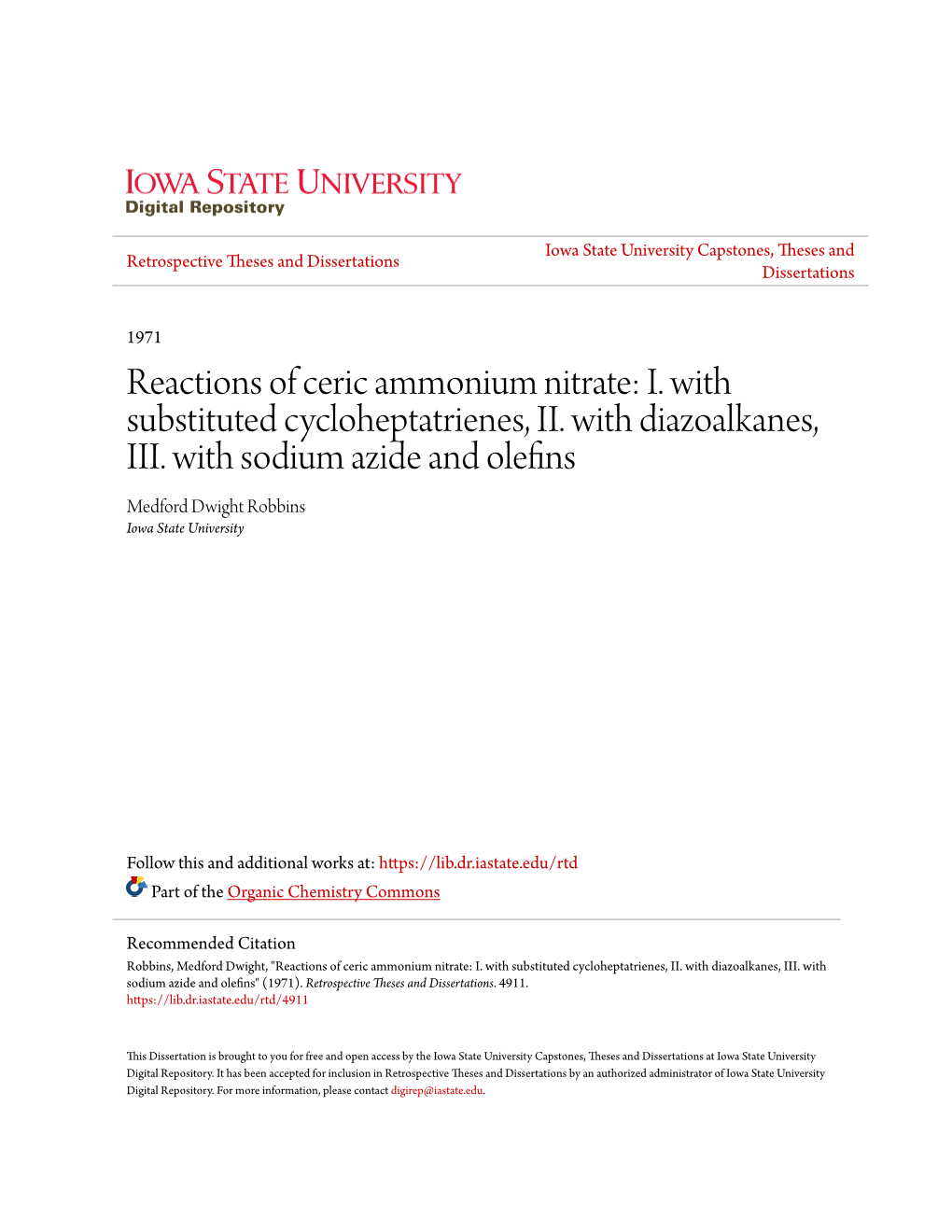 Reactions of Ceric Ammonium Nitrate: I. with Substituted Cycloheptatrienes, II