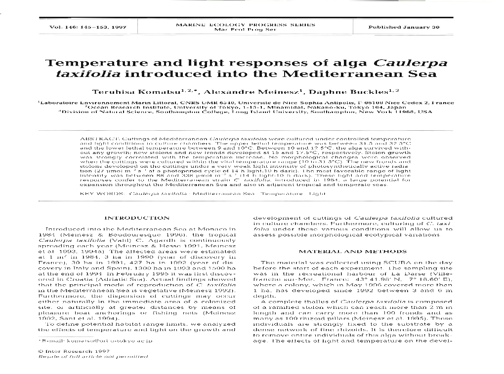 Temperature and Light Responses of Alga Caulerpa Taxifoliaintroduced Into the Mediterranean Sea