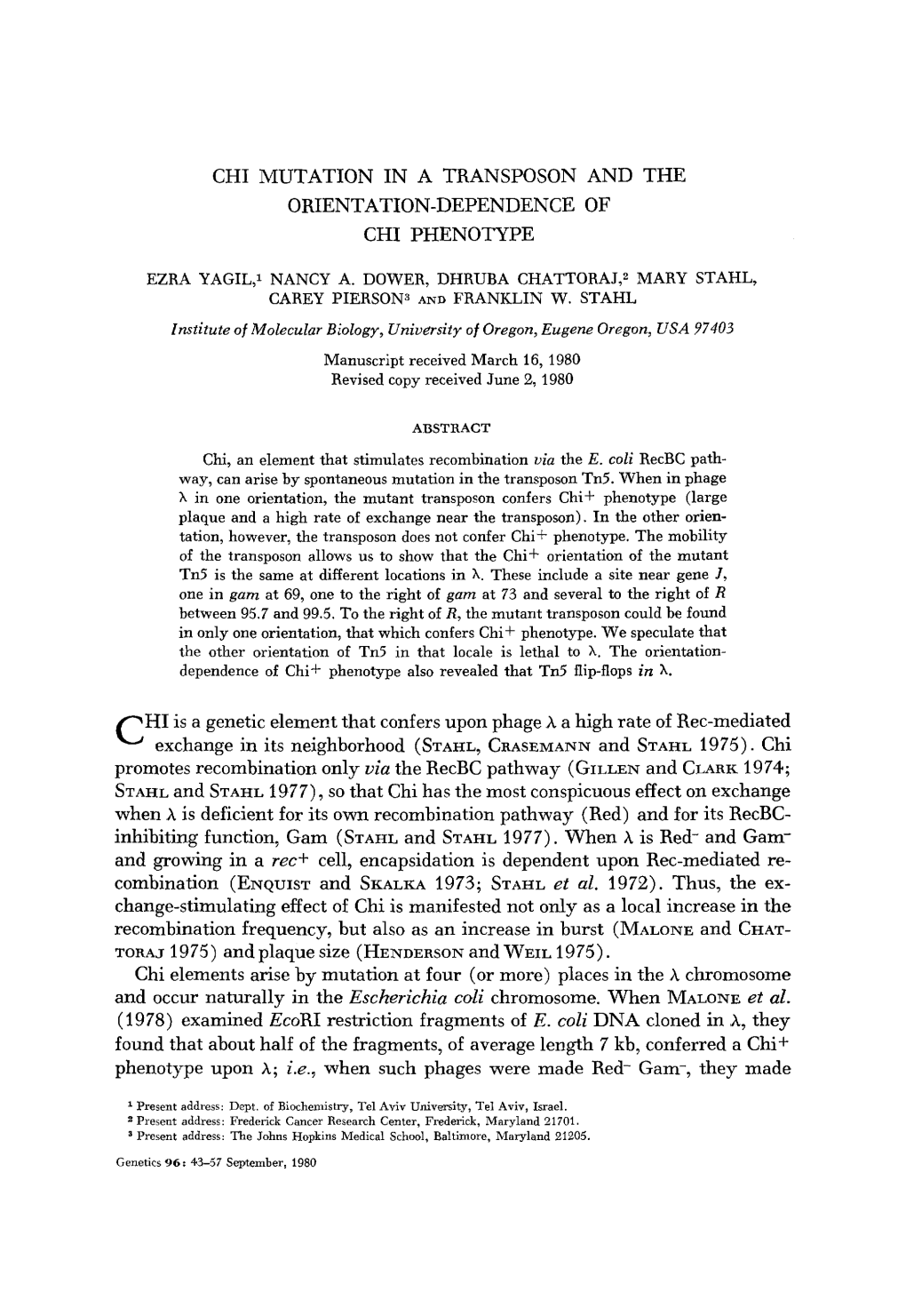 CHI MUTATION in a TRANSPOSON and the ORIENTATION-DEPENDENCE of CHI PHENOTYPE Is a Genetic Elemefit That Confers Upon Phage H