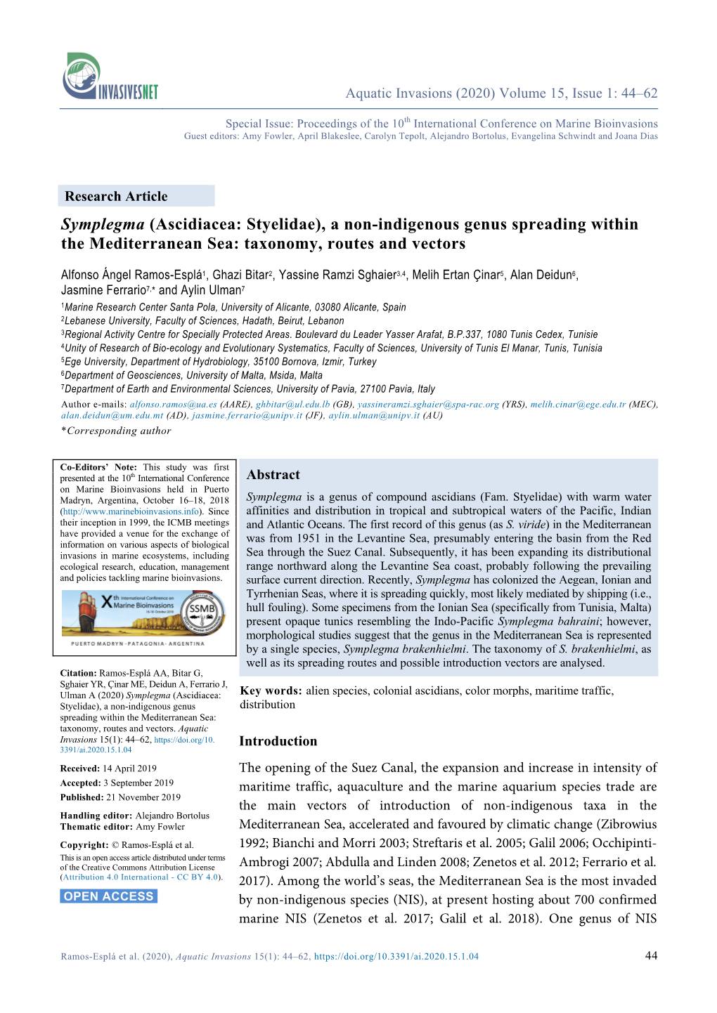 Symplegma (Ascidiacea: Styelidae), a Non-Indigenous Genus Spreading Within the Mediterranean Sea: Taxonomy, Routes and Vectors