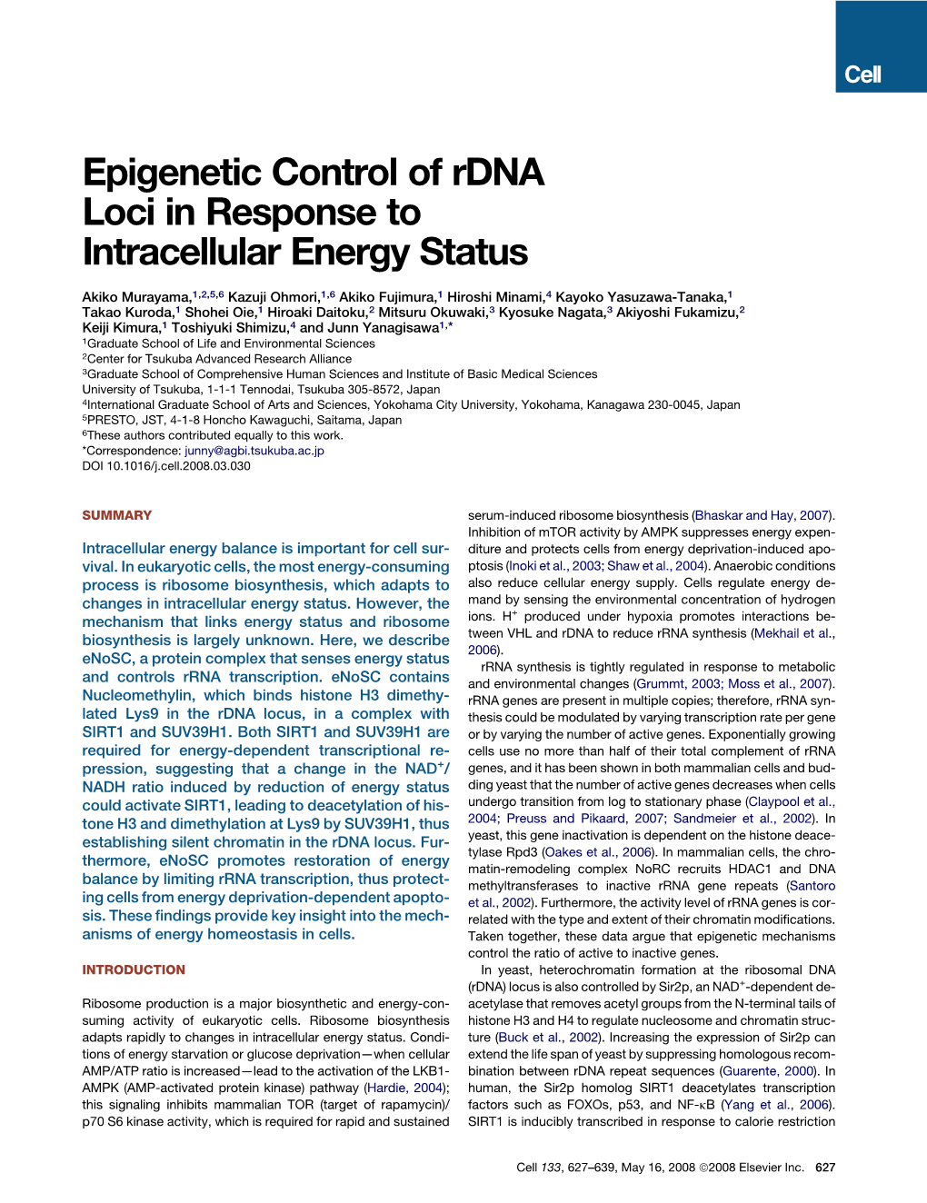 Epigenetic Control of Rdna Loci in Response to Intracellular Energy Status