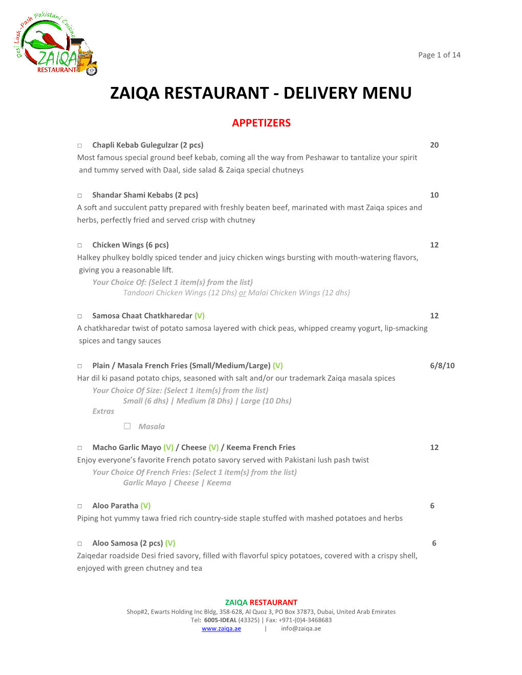 Zaiqa Restaurant - Delivery Menu