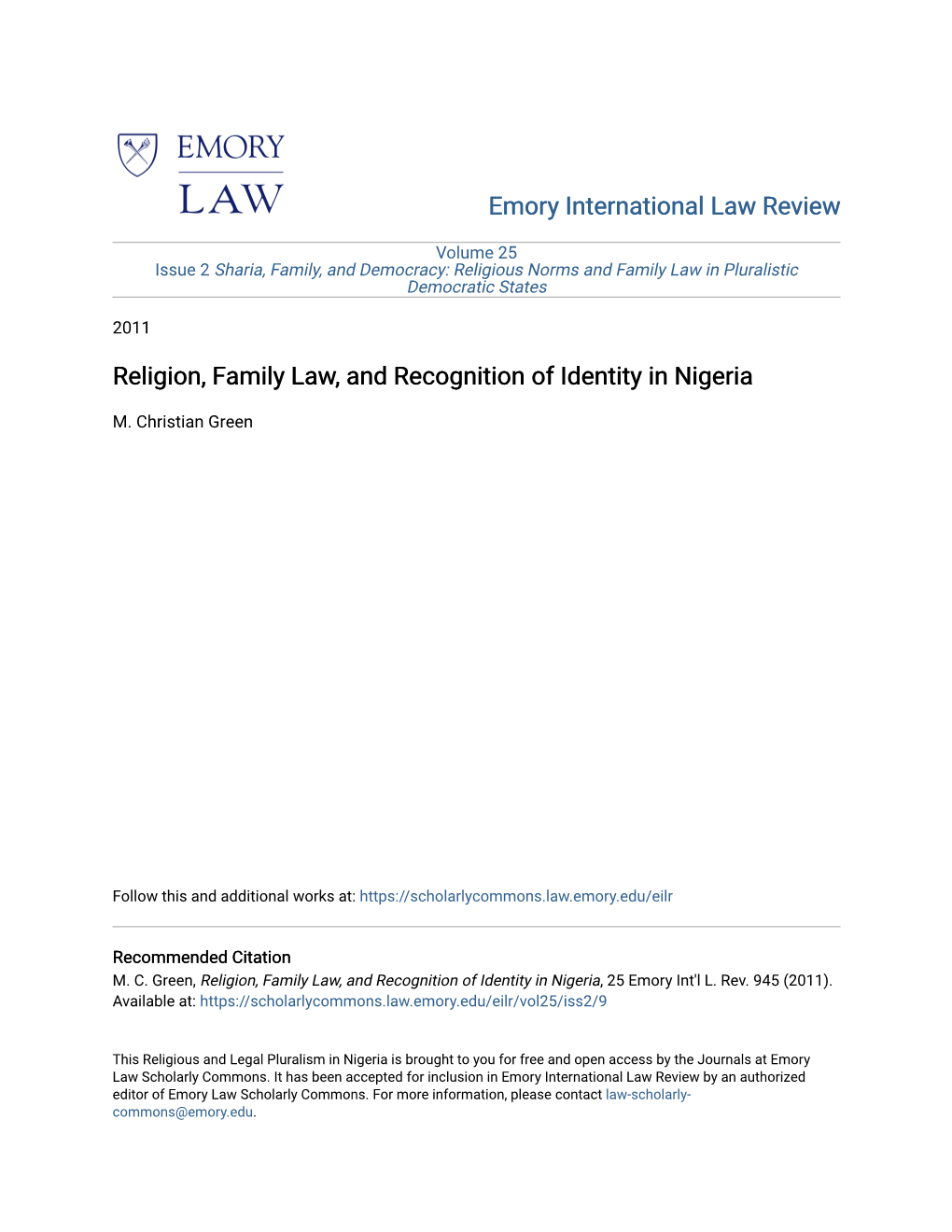 Religion, Family Law, and Recognition of Identity in Nigeria