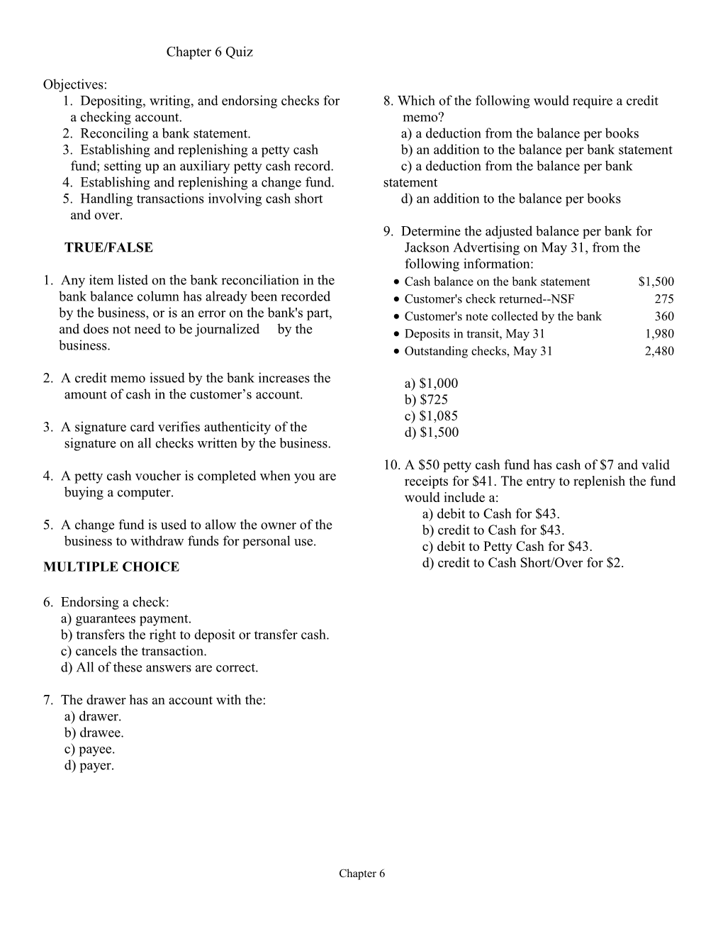 1. Depositing, Writing, and Endorsing Checks for a Checking Account