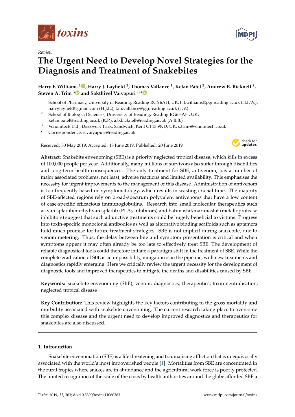 The Urgent Need to Develop Novel Strategies for the Diagnosis and Treatment of Snakebites