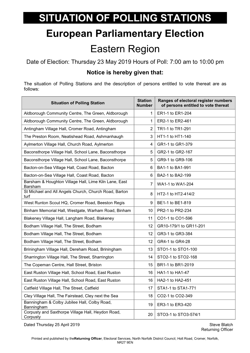 SITUATION of POLLING STATIONS European Parliamentary Election