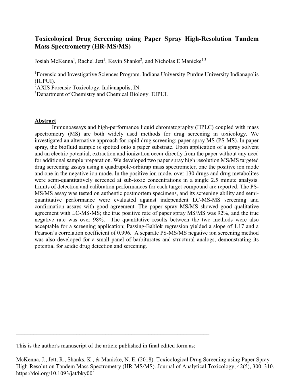 Toxicological Drug Screening Using Paper Spray High-Resolution Tandem Mass Spectrometry (HR-MS/MS)