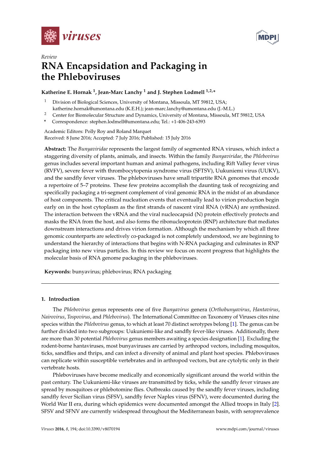 RNA Encapsidation and Packaging in the Phleboviruses