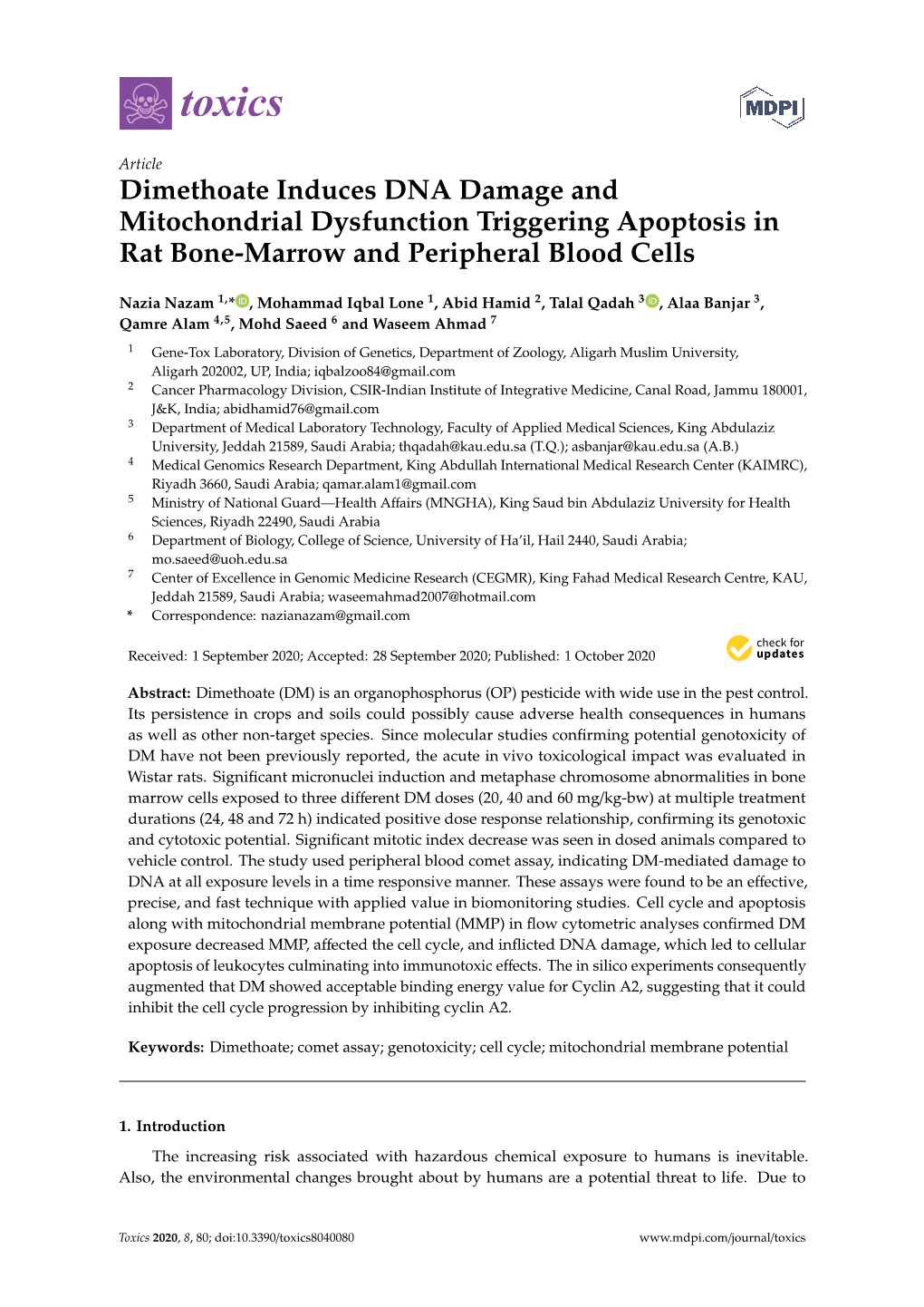 Dimethoate Induces DNA Damage and Mitochondrial Dysfunction Triggering Apoptosis in Rat Bone-Marrow and Peripheral Blood Cells