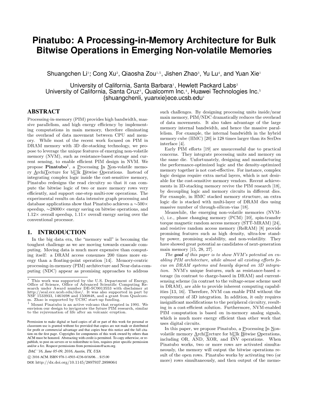 Pinatubo: a Processing-In-Memory Architecture for Bulk Bitwise Operations in Emerging Non-Volatile Memories