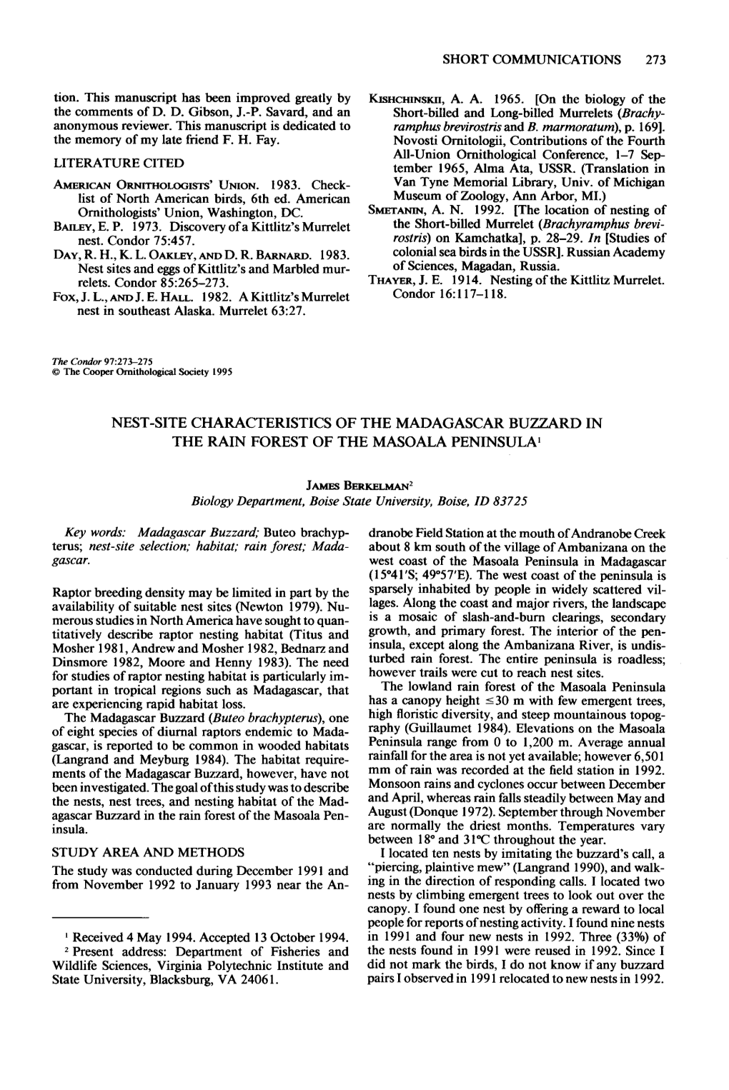 Nest-Site Characteristics of the Madagascar Buzzard in the Rain Forest of the Masoala Peninsula ’