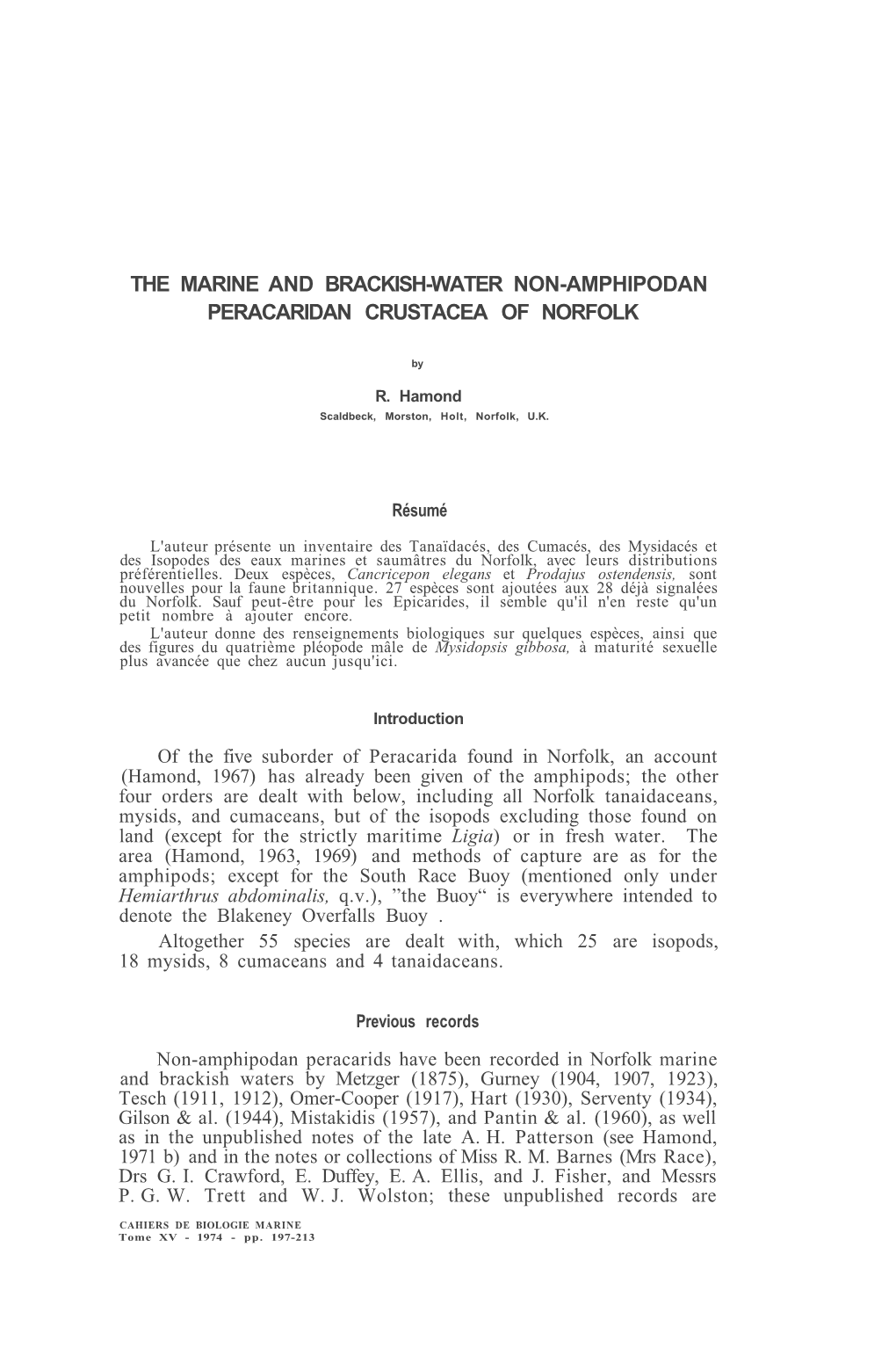 The Marine and Brackish-Water Non-Amphipodan Peracaridan Crustacea of Norfolk