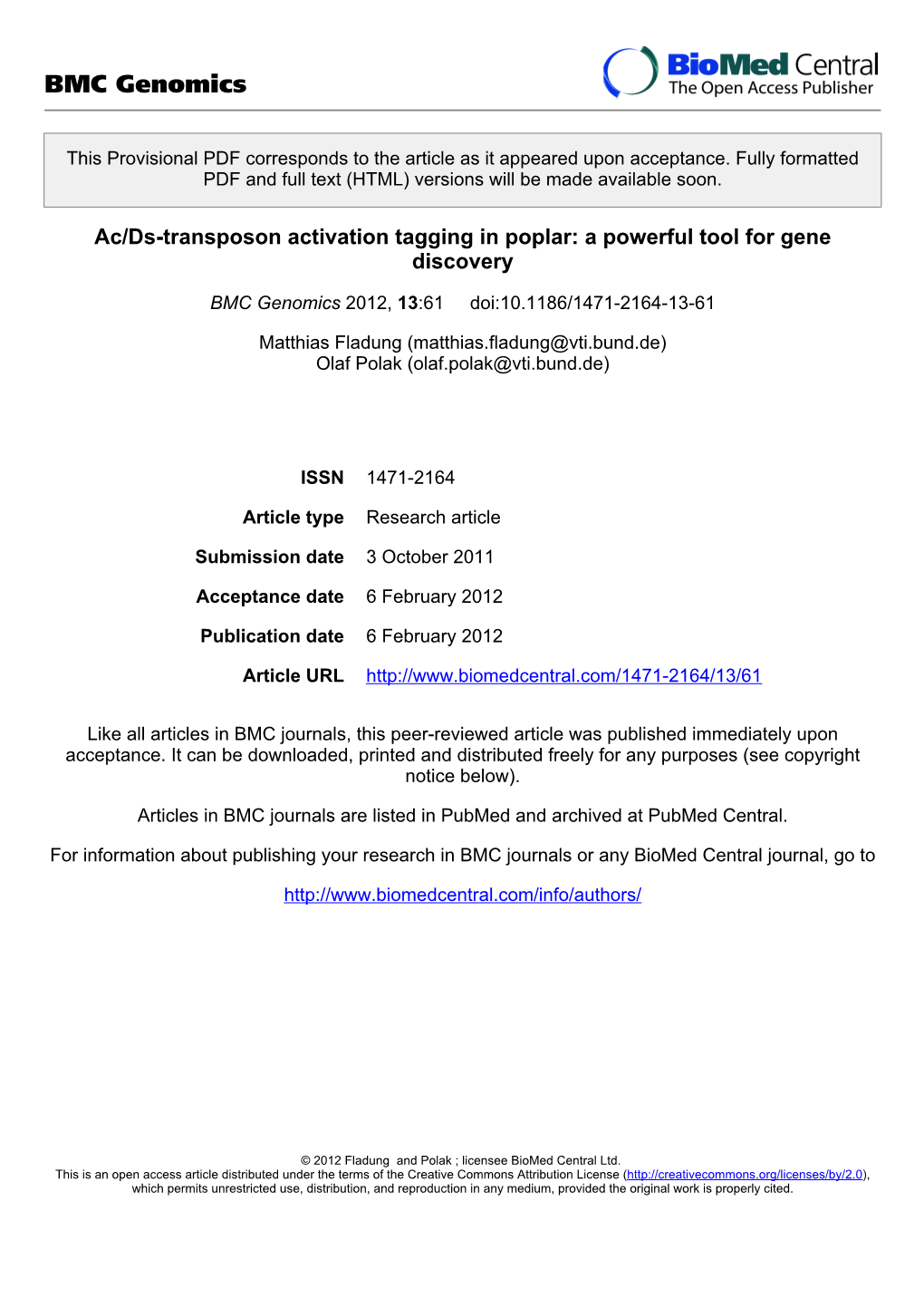 Ac/Ds-Transposon Activation Tagging in Poplar: a Powerful Tool for Gene Discovery