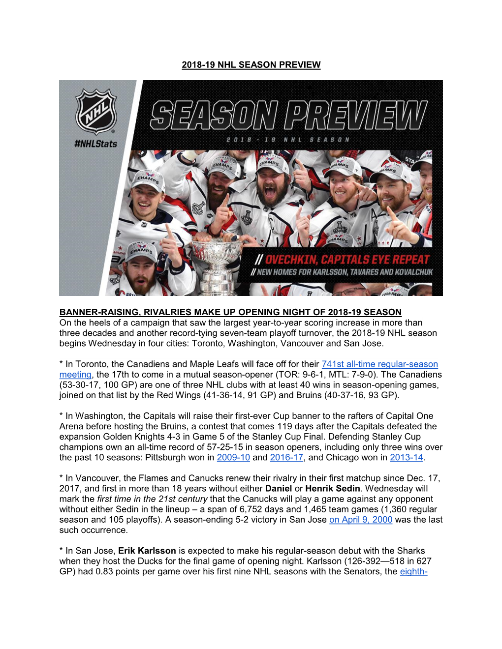 2018-19 Nhl Season Preview Banner-Raising, Rivalries