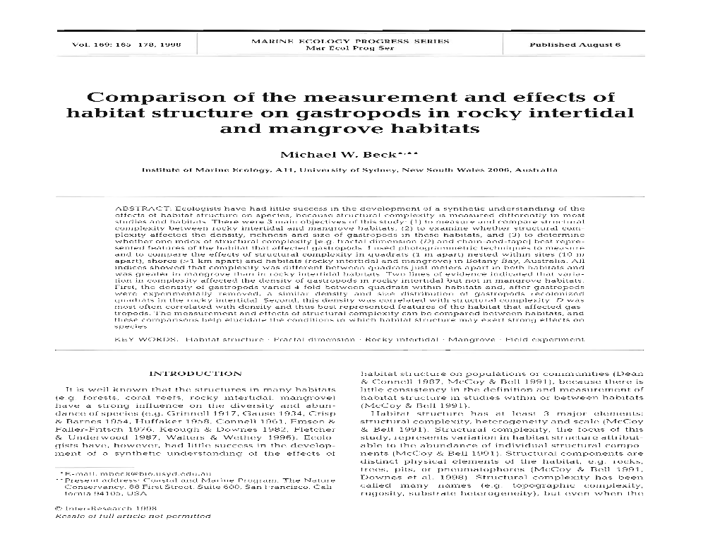 Comparison of the Measurement and Effects of Habitat Structure on Gastropods in Rocky Intertidal and Mangrove Habitats