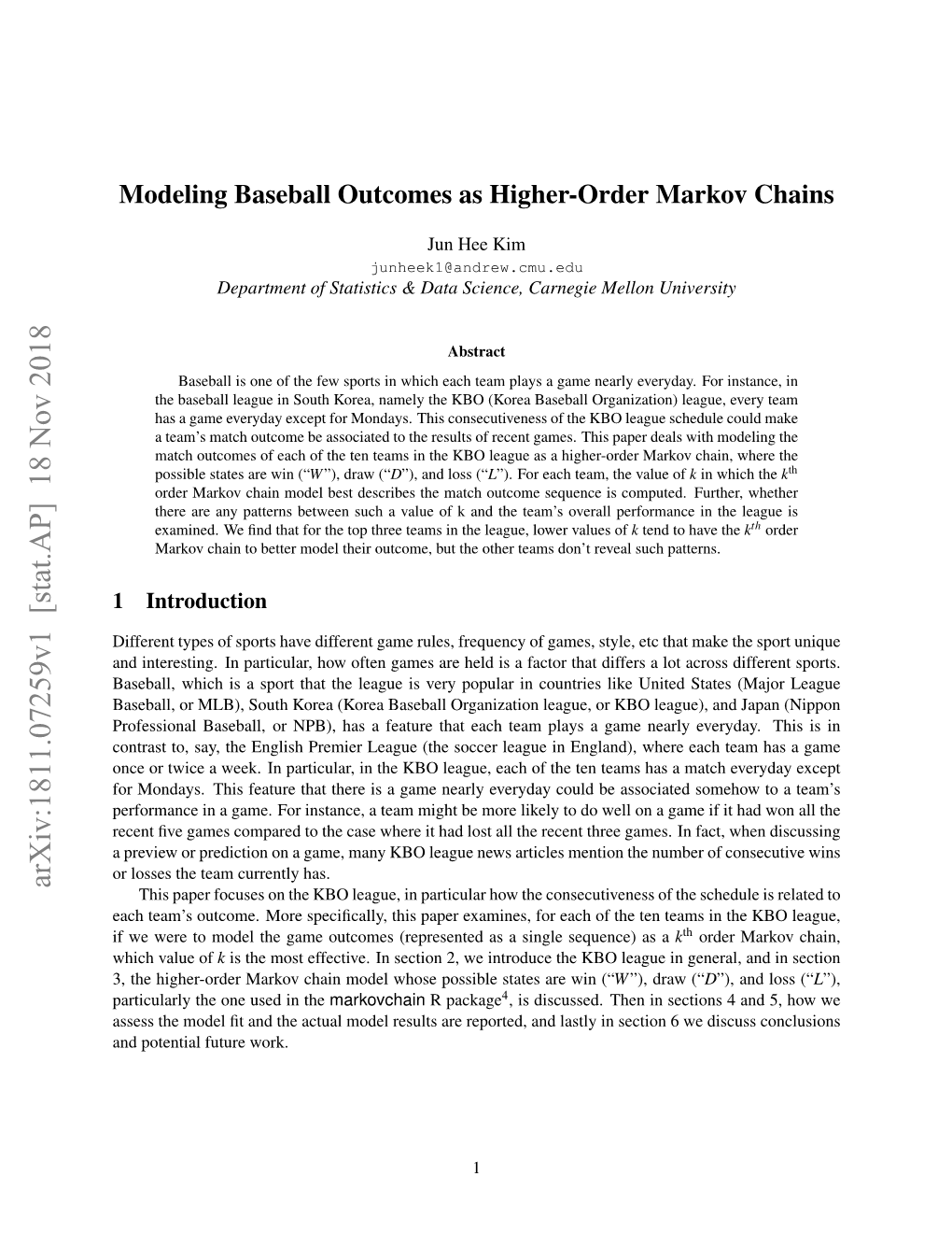 Modeling Baseball Outcomes As Higher-Order Markov Chains