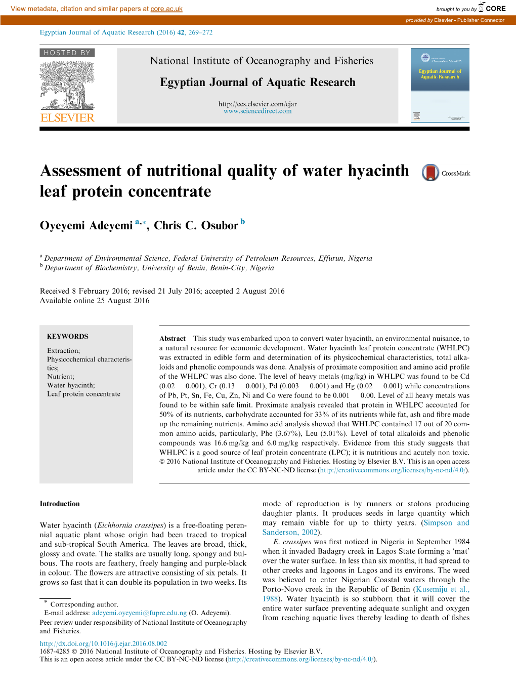 Assessment of Nutritional Quality of Water Hyacinth Leaf Protein Concentrate