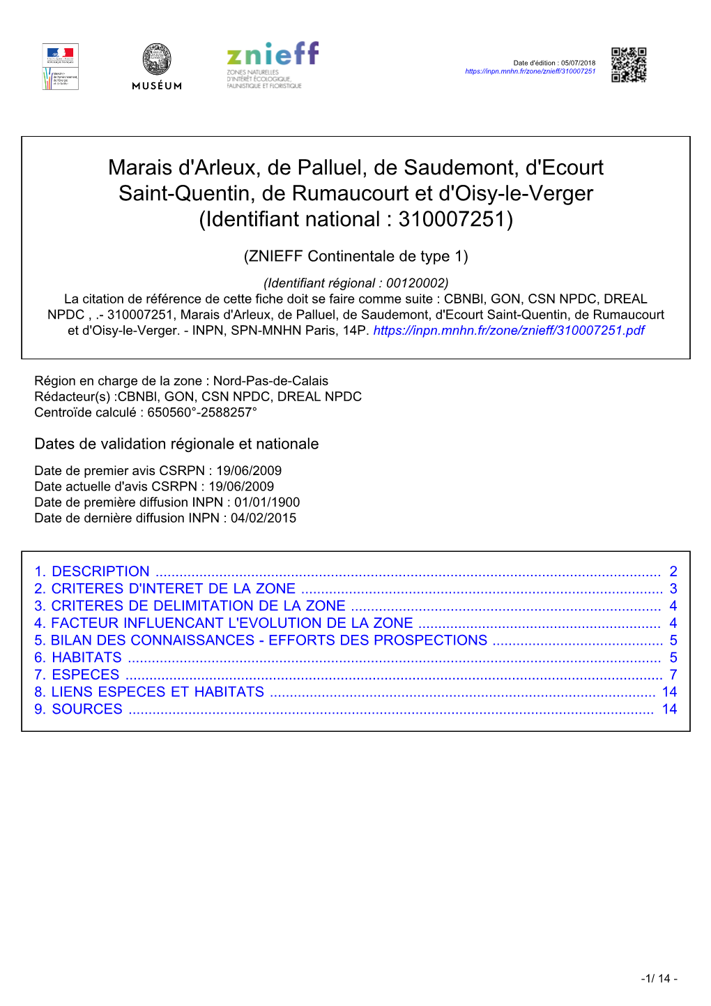 Marais D'arleux, De Palluel, De Saudemont, D'ecourt Saint-Quentin, De Rumaucourt Et D'oisy-Le-Verger (Identifiant National : 310007251)