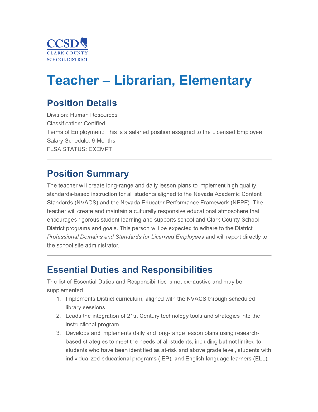 Teacher – Librarian, Elementary